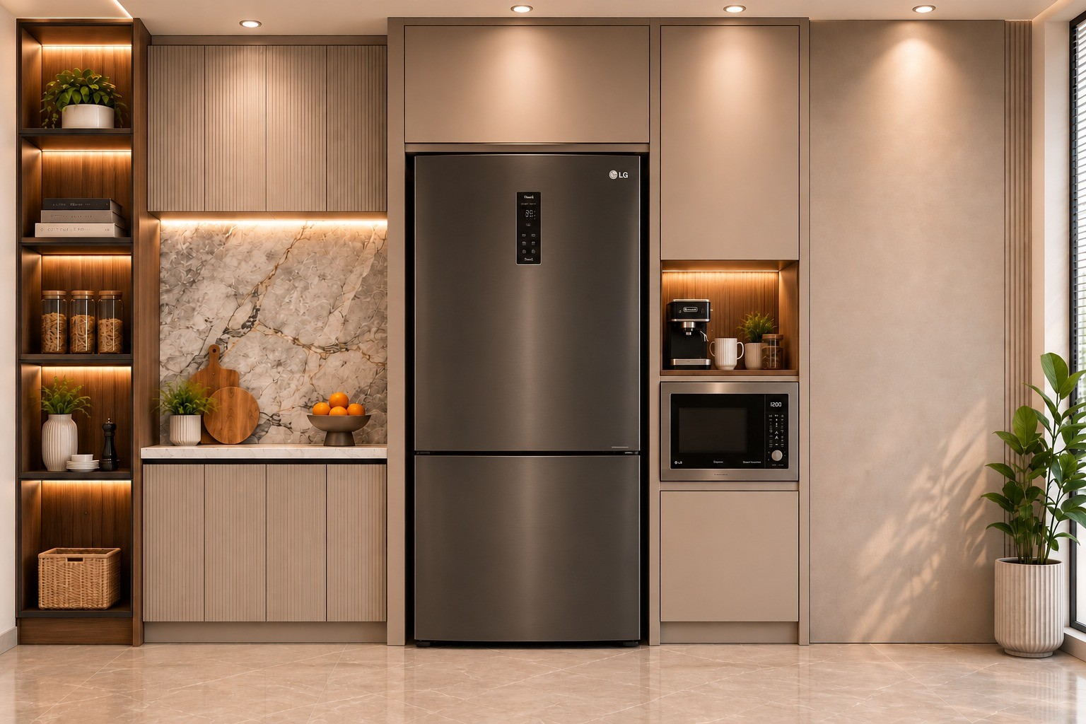 Residential kitchen interior design study with a considered material palette and practical workspace