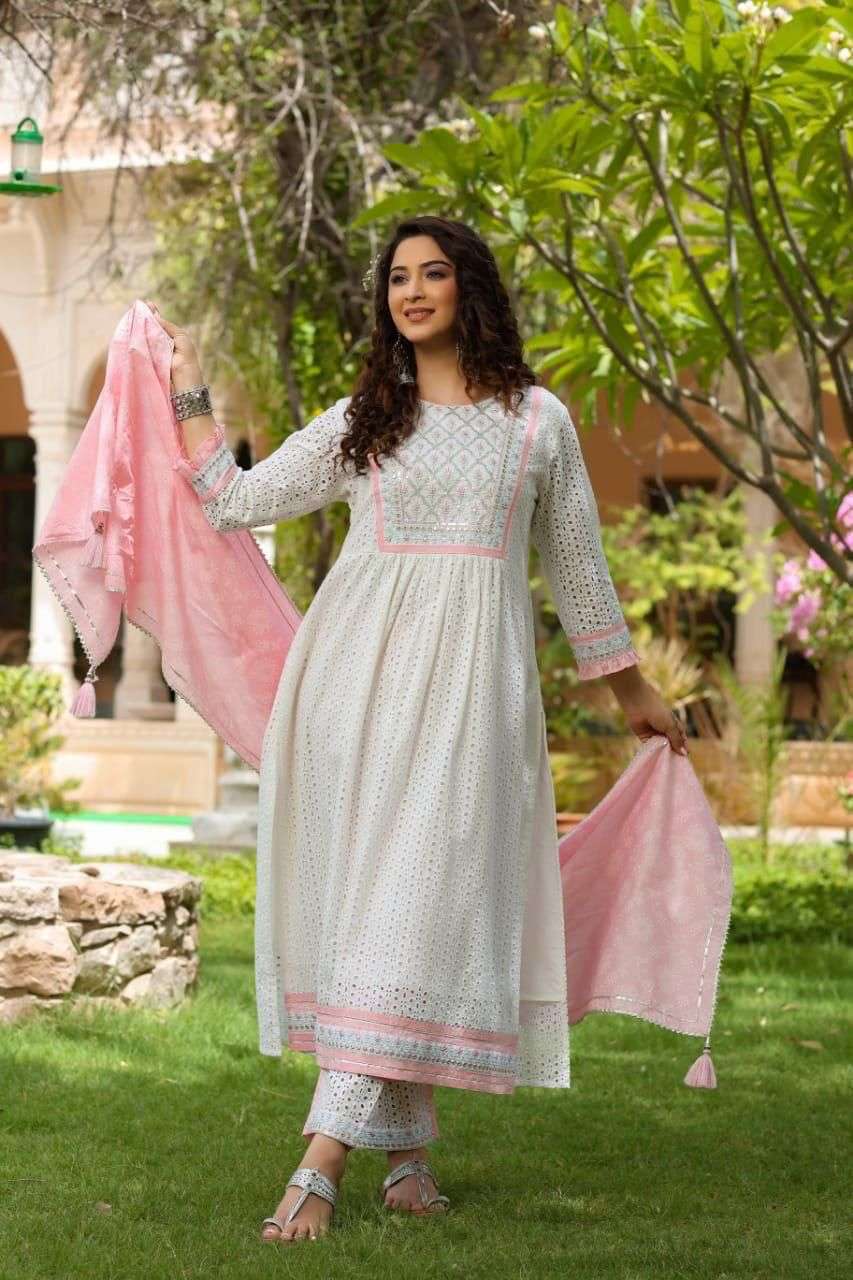 Women's Cotton Embroidered Nayra Cut Kurti With Pant and Dupatta Set