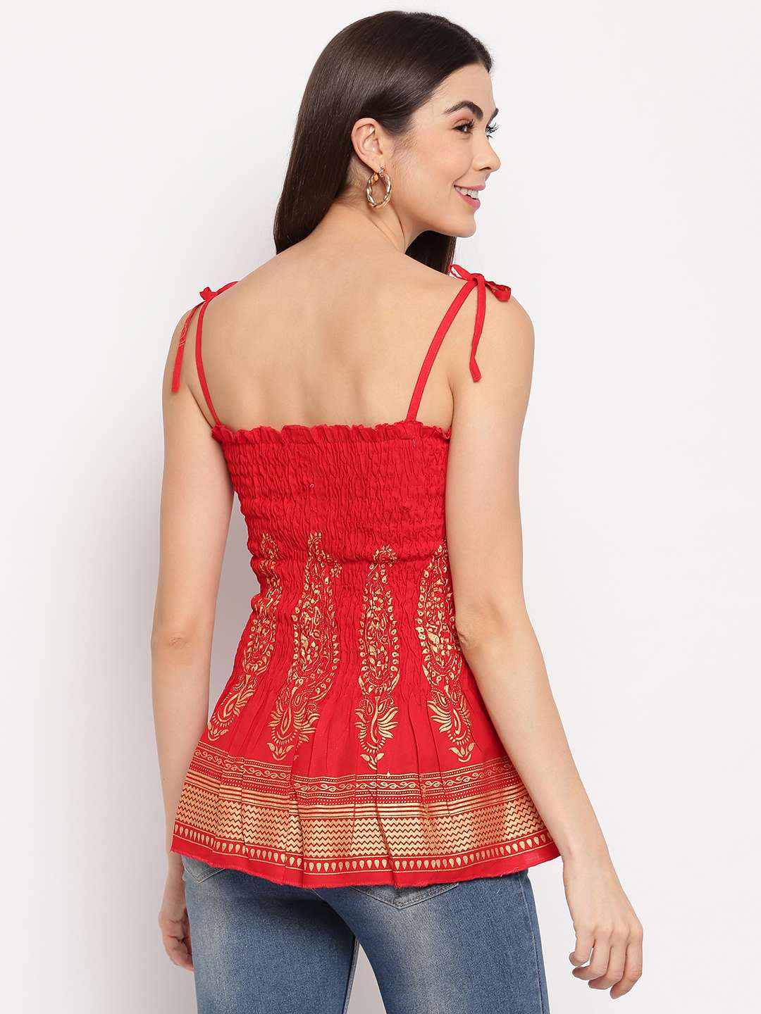 Women's Rayon Buta Printed Casual Summer Style Tie Shoulder Straps Free Size Tank Top ( Red Gold Pattern)