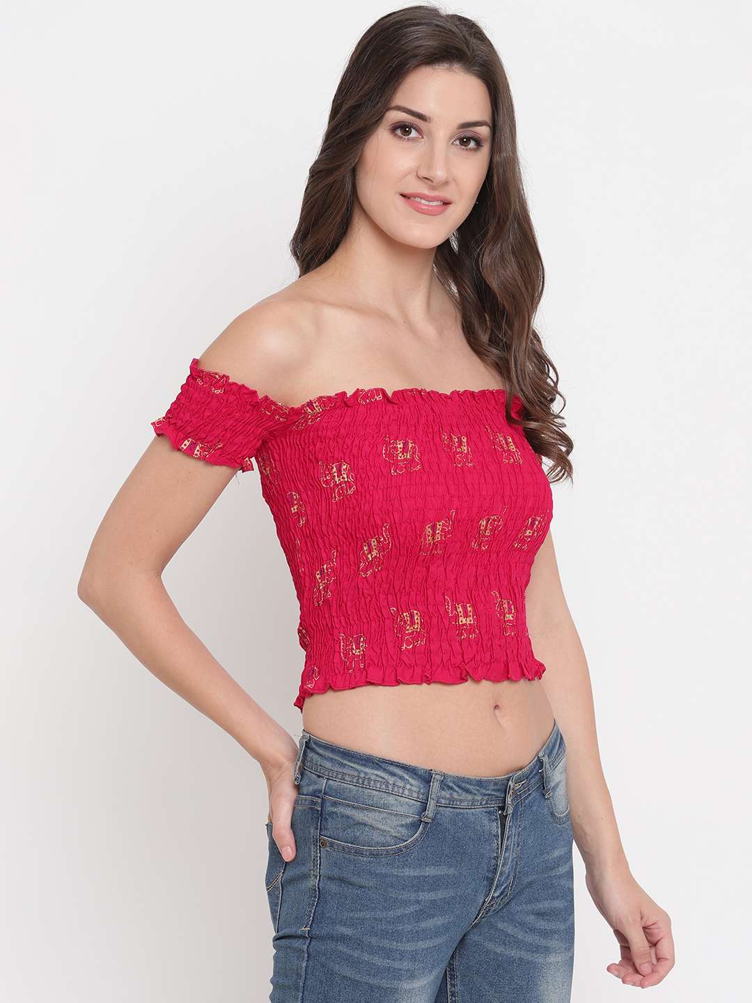 Women's Rayon Printed Off-Shoulder Smocked Crop Top Short Sleeve Casual Styles Tank Top (FREE SIZE) Multi14