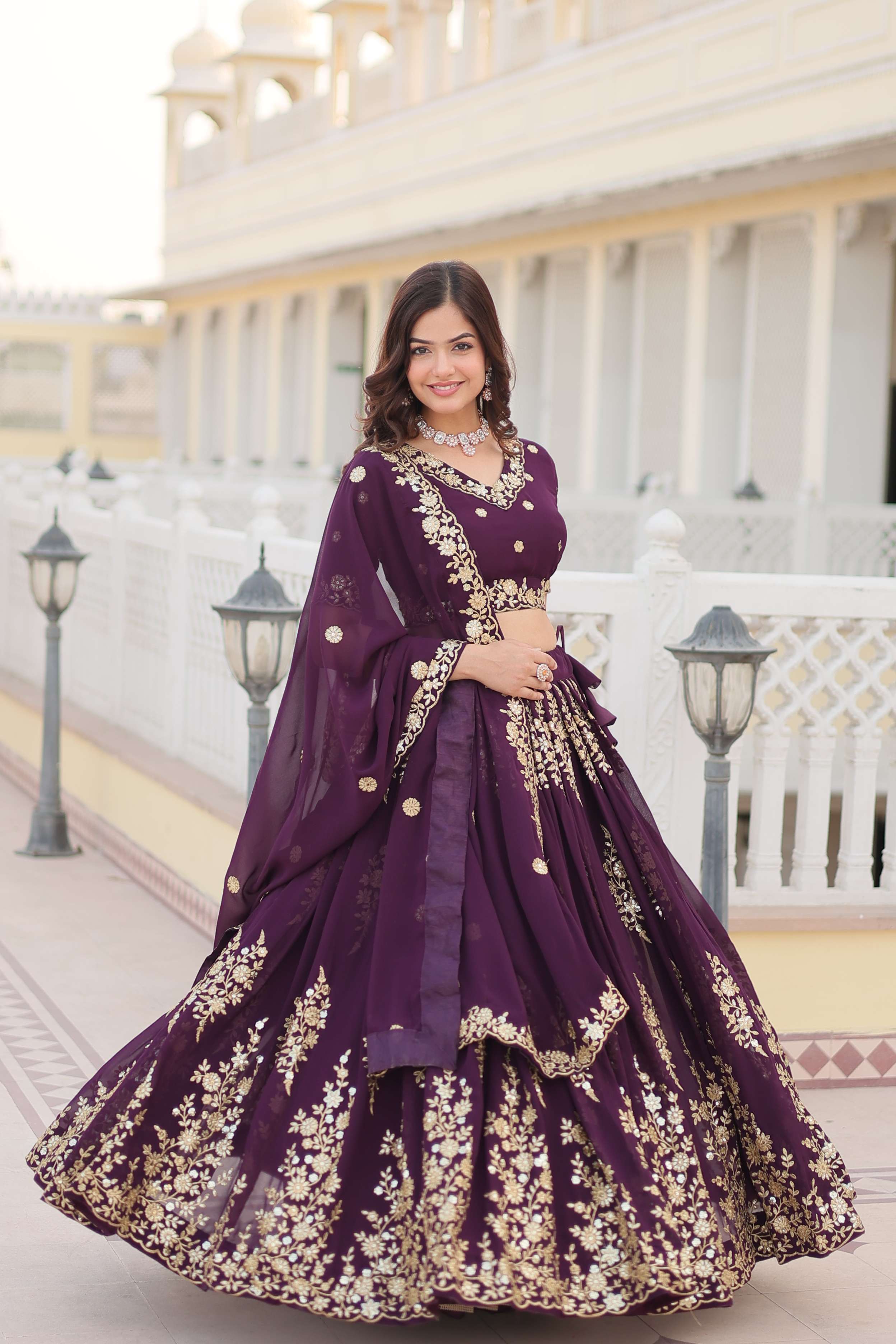 Wine Georgette Lehenga Choli with Sequins Embroidered Dupatta