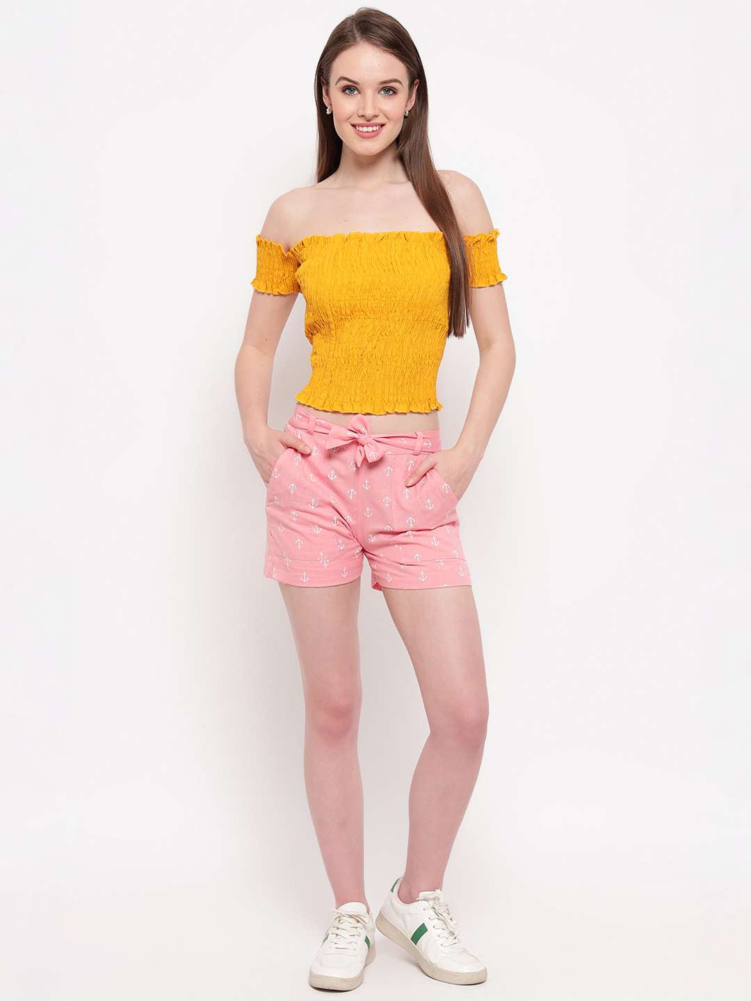 Women's Rayon Solid Off-Shoulder Smocked Crop Top Short Sleeve Casual Styles Tank Top (FREE SIZE) Multi24