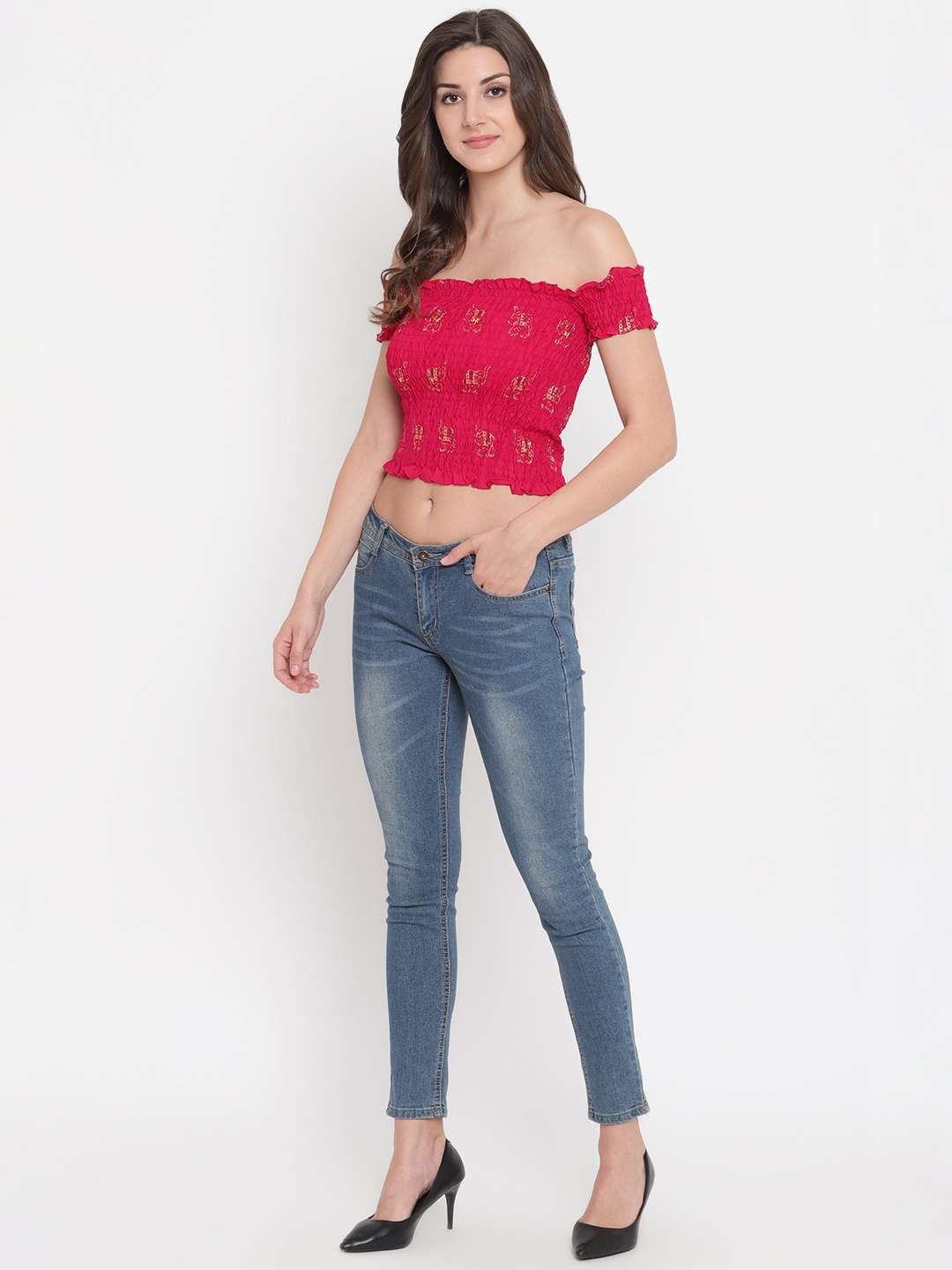 Women's Rayon Printed Off-Shoulder Smocked Crop Top Short Sleeve Casual Styles Tank Top (FREE SIZE) Multi14