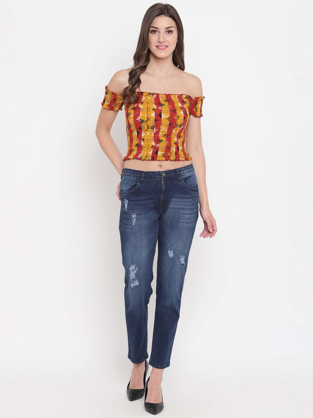 Women's Rayon Printed Off-Shoulder Smocked Crop Top Short Sleeve Casual Styles Tank Top (FREE SIZE) Multi39