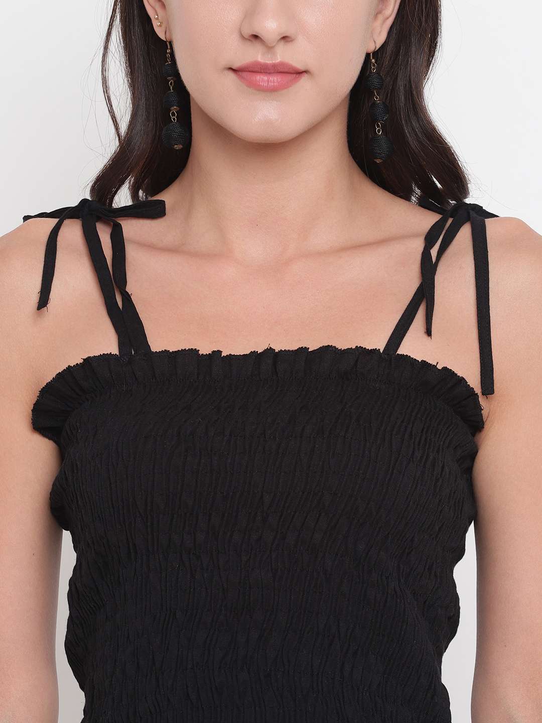 Women's Rayon Solid Casual Summer Style Tie Shoulder Straps Free Size Tank Top (Black)