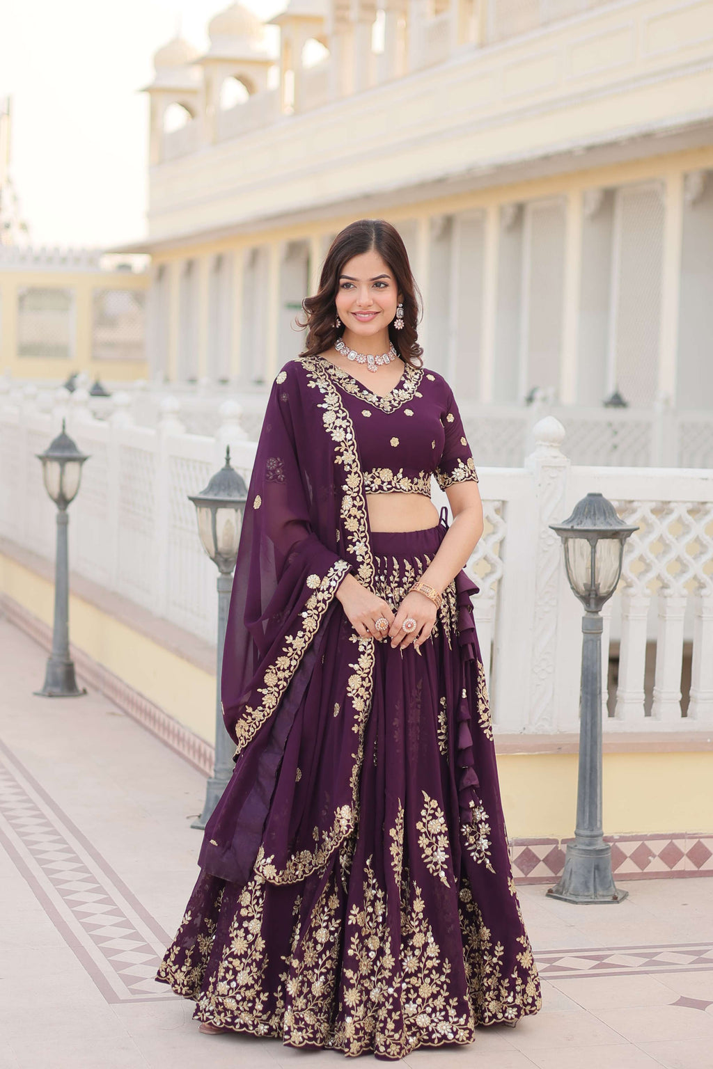 Wine Georgette Lehenga Choli with Sequins Embroidered Dupatta