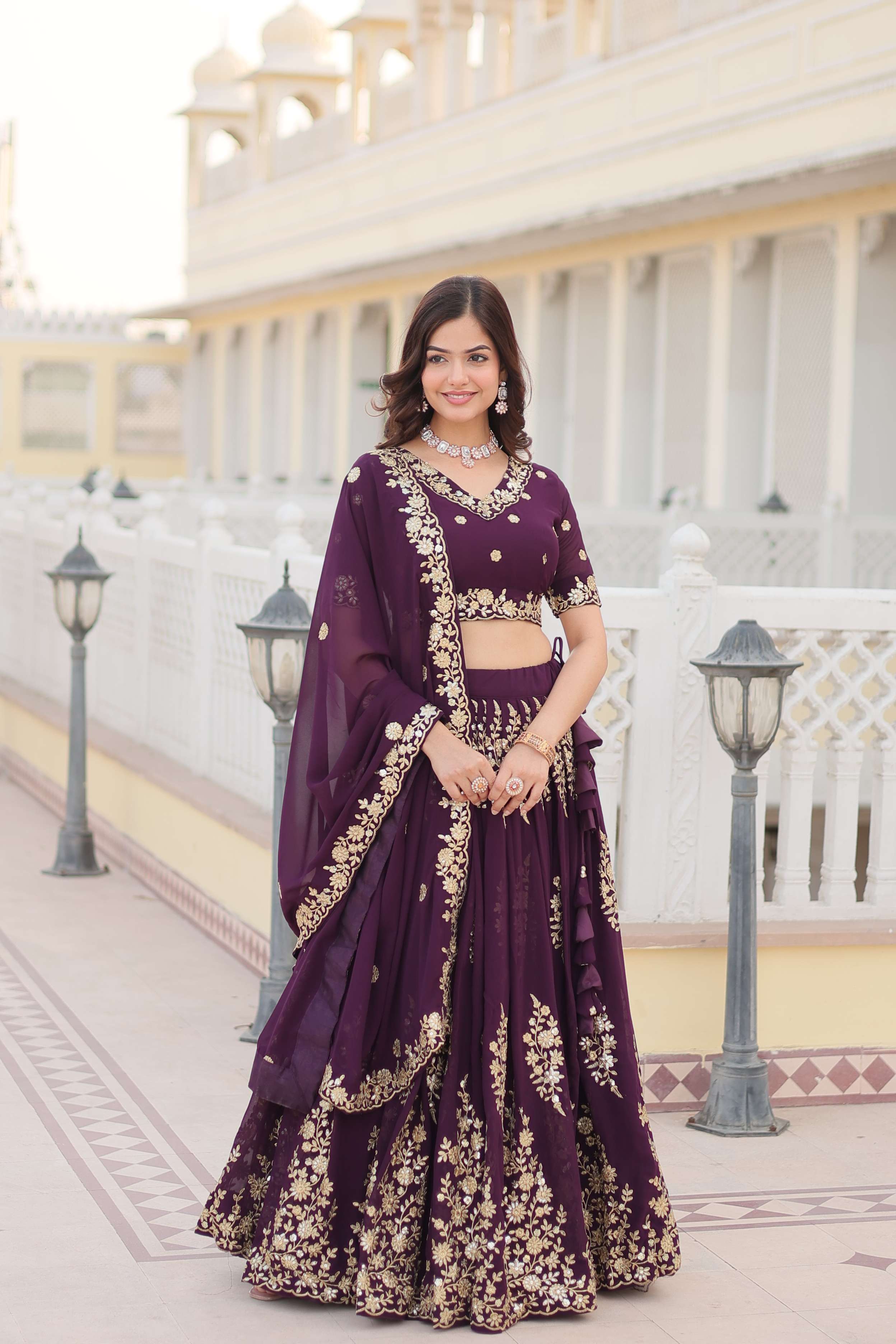 Wine Georgette Lehenga Choli with Sequins Embroidered Dupatta