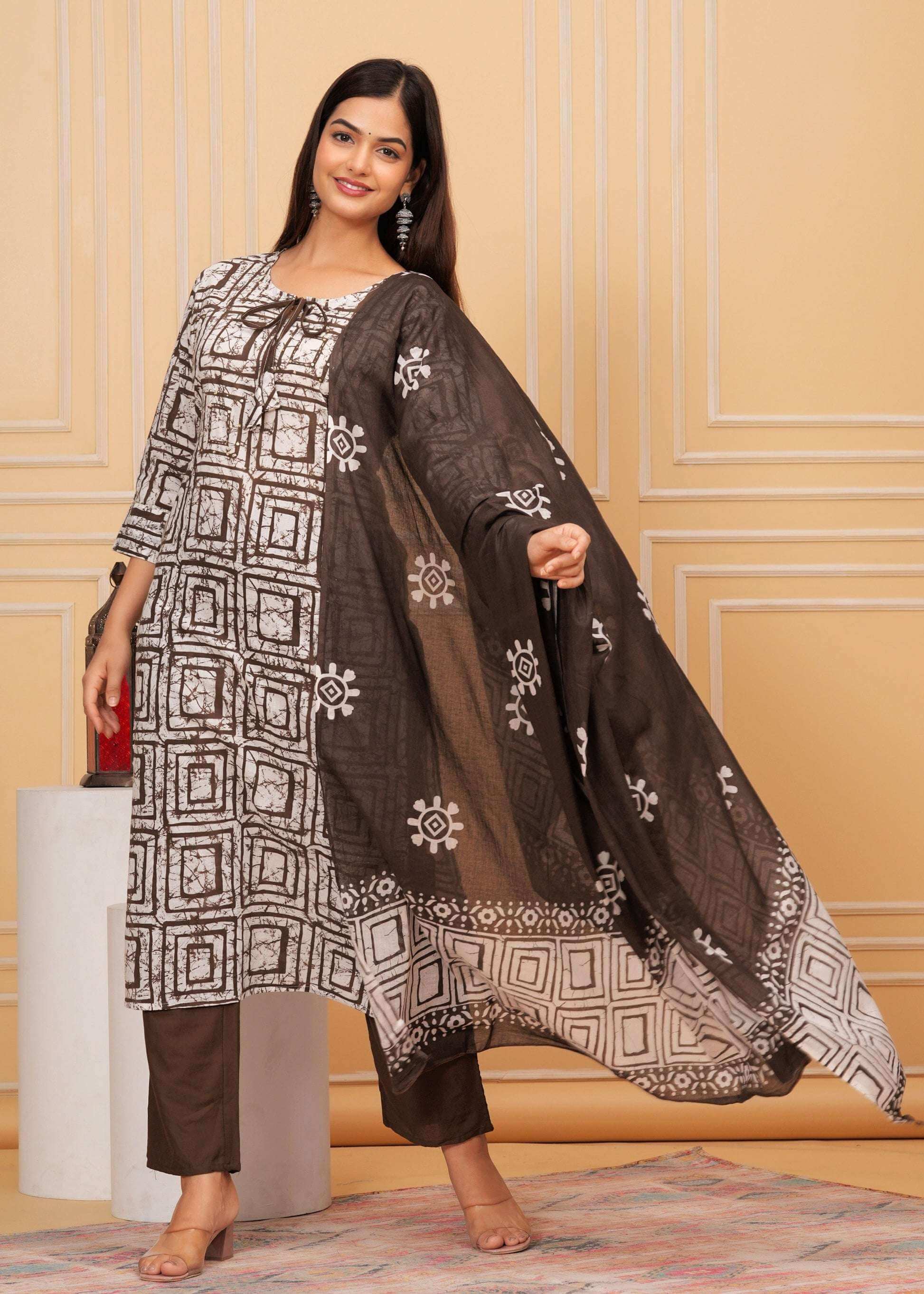 Women's Cotton Hand Block Printed Straight Kurti with Pant and Printed Dupatta