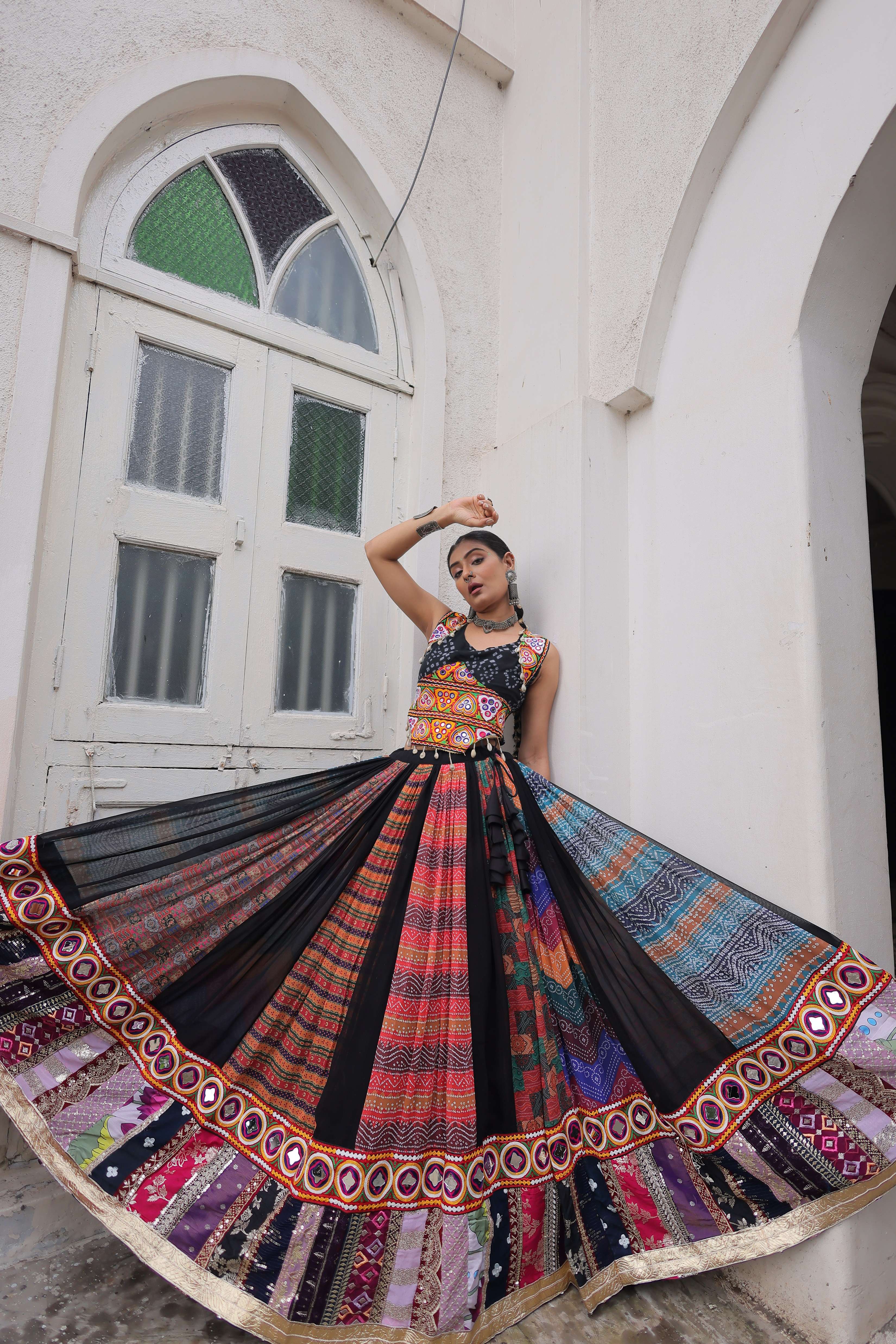 Georgette Printed Navratri Lehenga Choli Set with Sleeveless Top