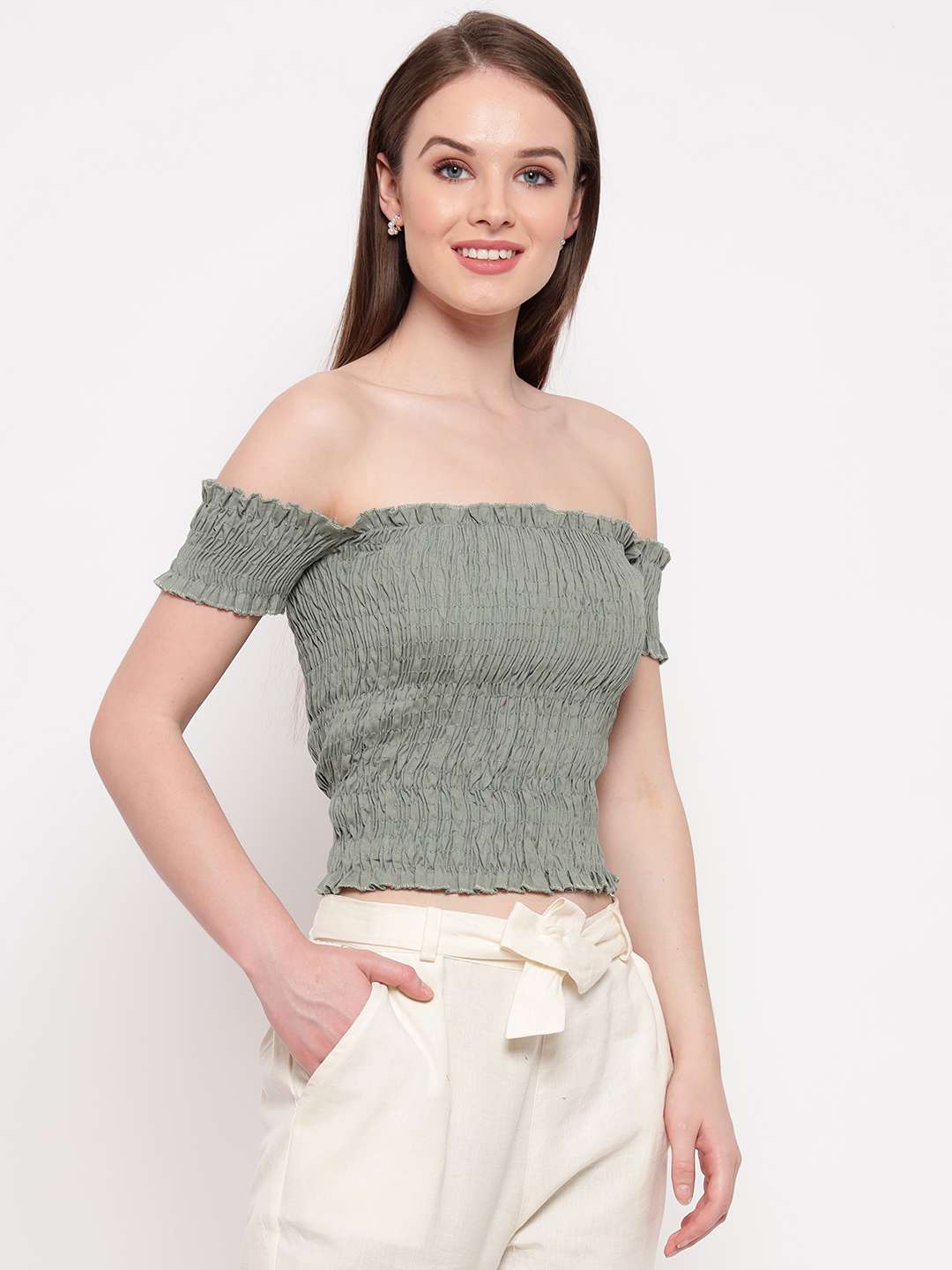 Women's Rayon Solid Off-Shoulder Smocked Crop Top Short Sleeve Casual Styles Tank Top (FREE SIZE) Multi27