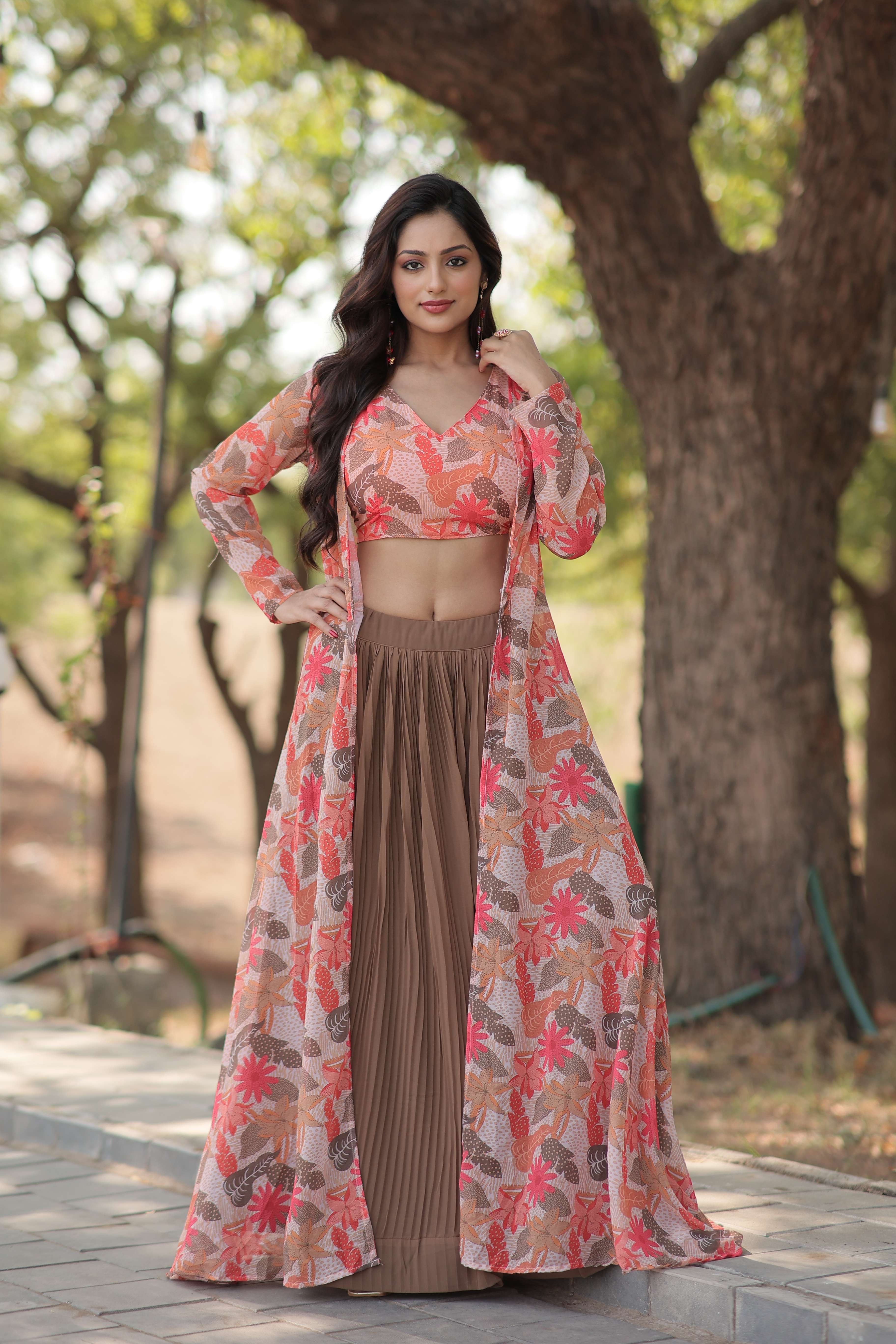 Faux Georgette Lehenga Choli with Digital Flower Print Shrug