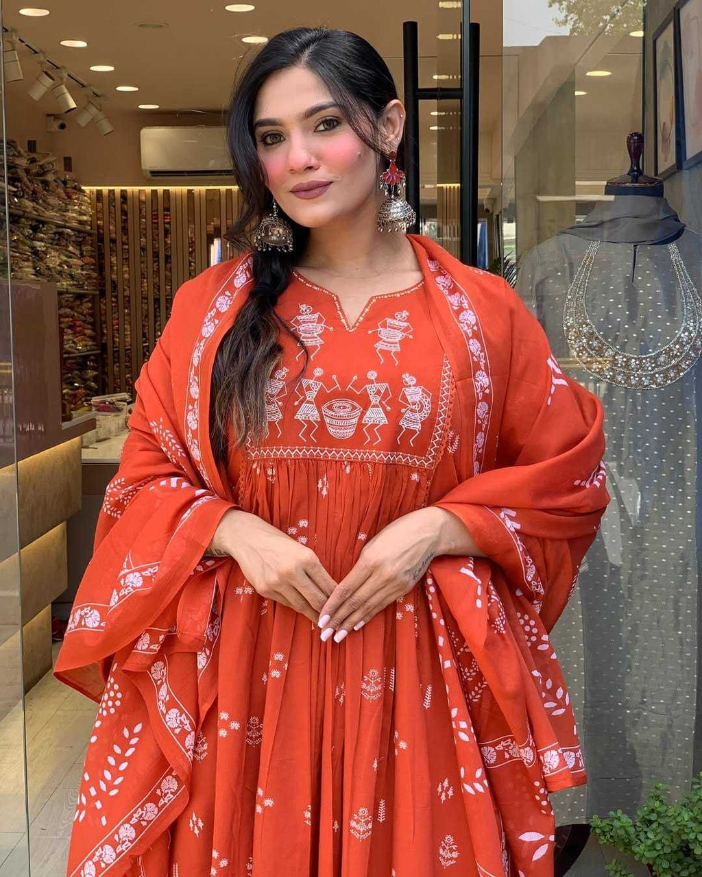 Women's Contton Floral Embroidered Round Neck Regular Kurti Pant Dupatta Set