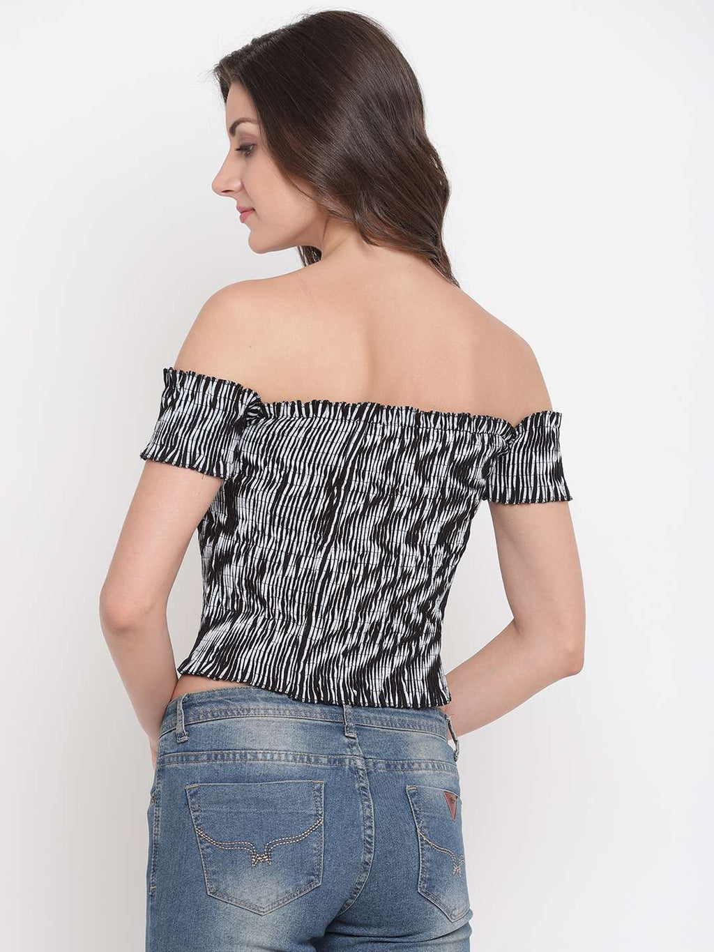 Women's Rayon Printed Off-Shoulder Smocked Crop Top Short Sleeve Casual Styles Tank Top (FREE SIZE) Multi34