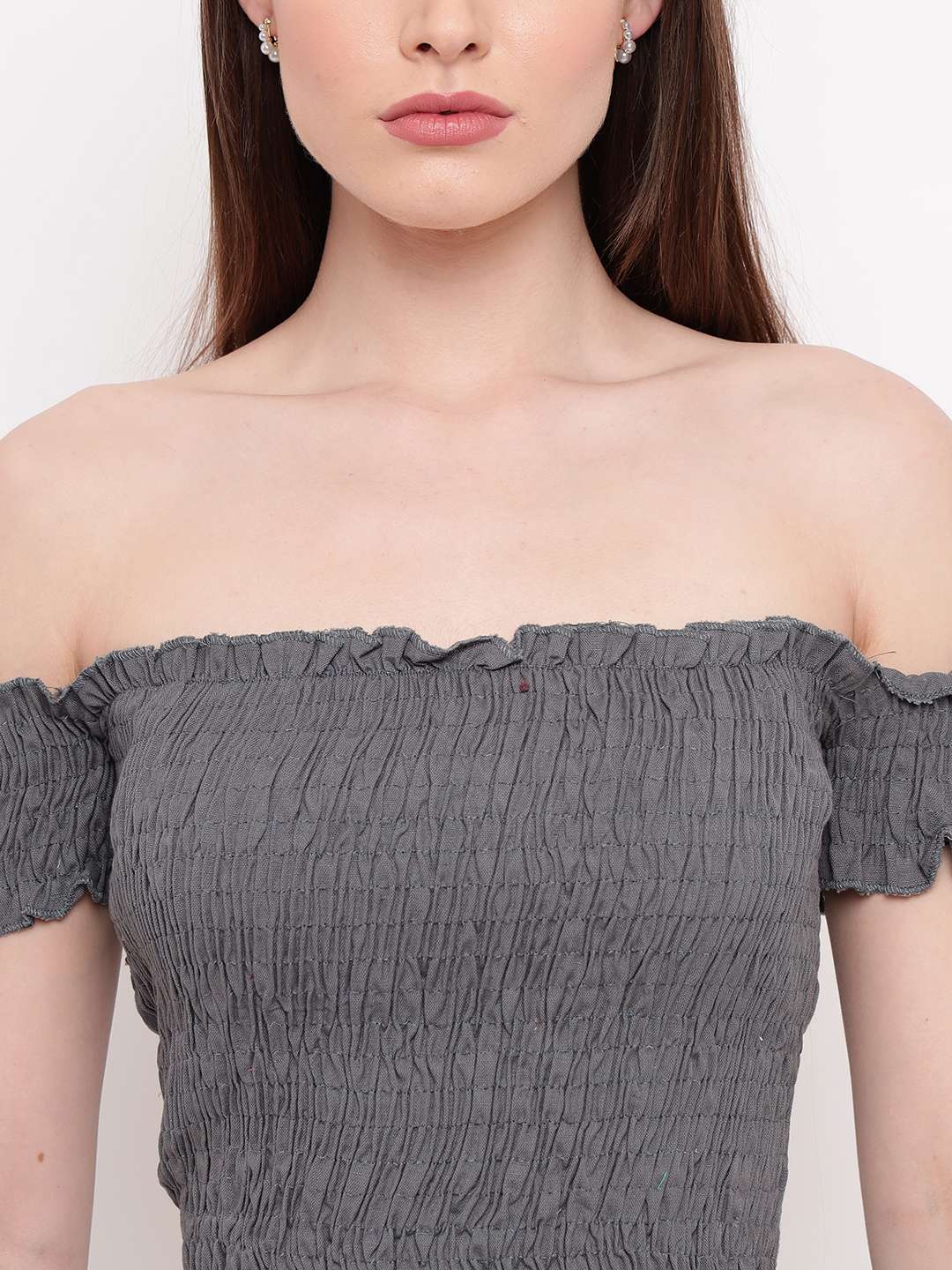 Women's Rayon Solid Off-Shoulder Smocked Crop Top Short Sleeve Casual Styles Tank Top (FREE SIZE) Multi22