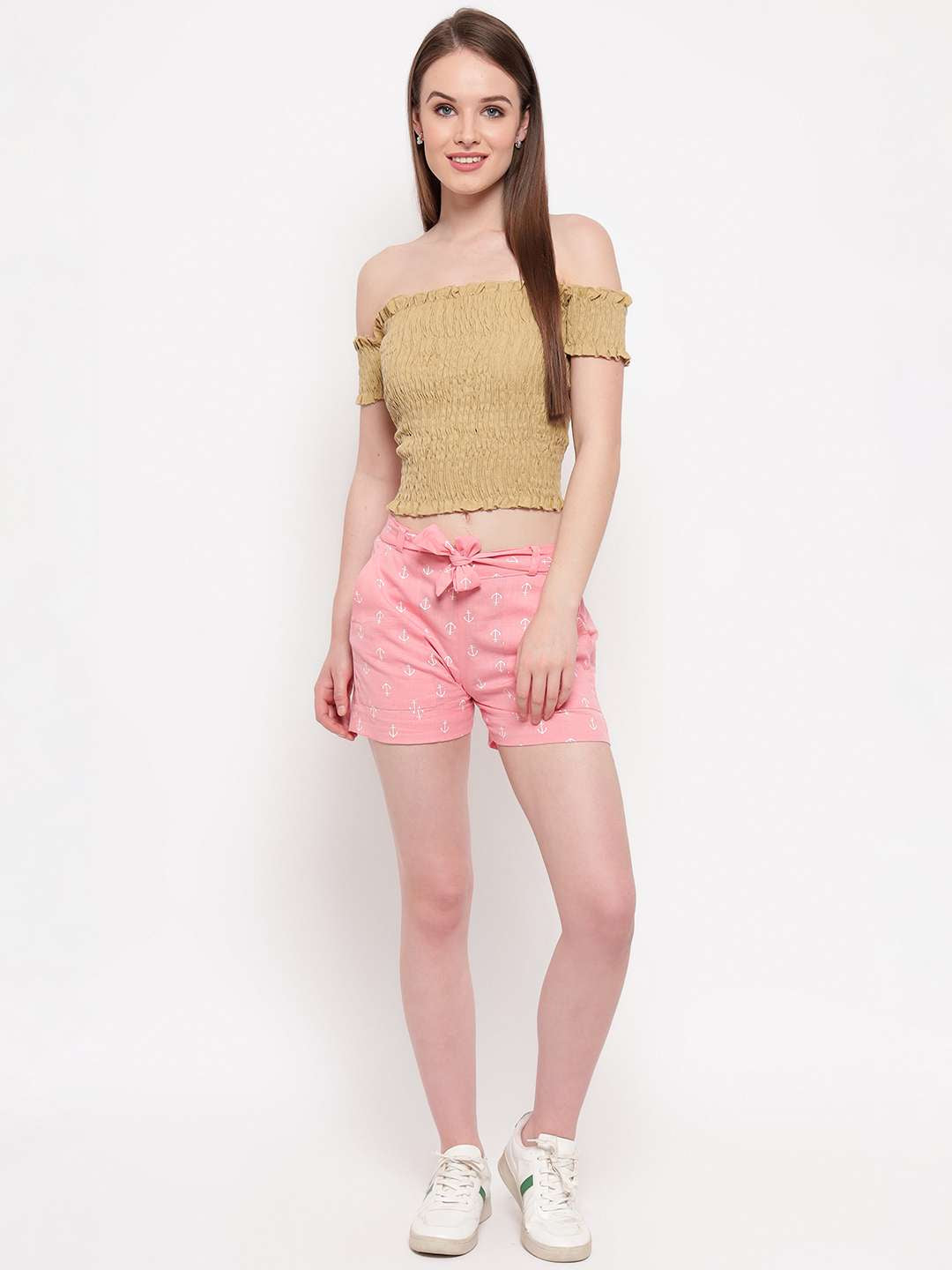 Women's Rayon Solid Off-Shoulder Smocked Crop Top Short Sleeve Casual Styles Tank Top (FREE SIZE) Multi19