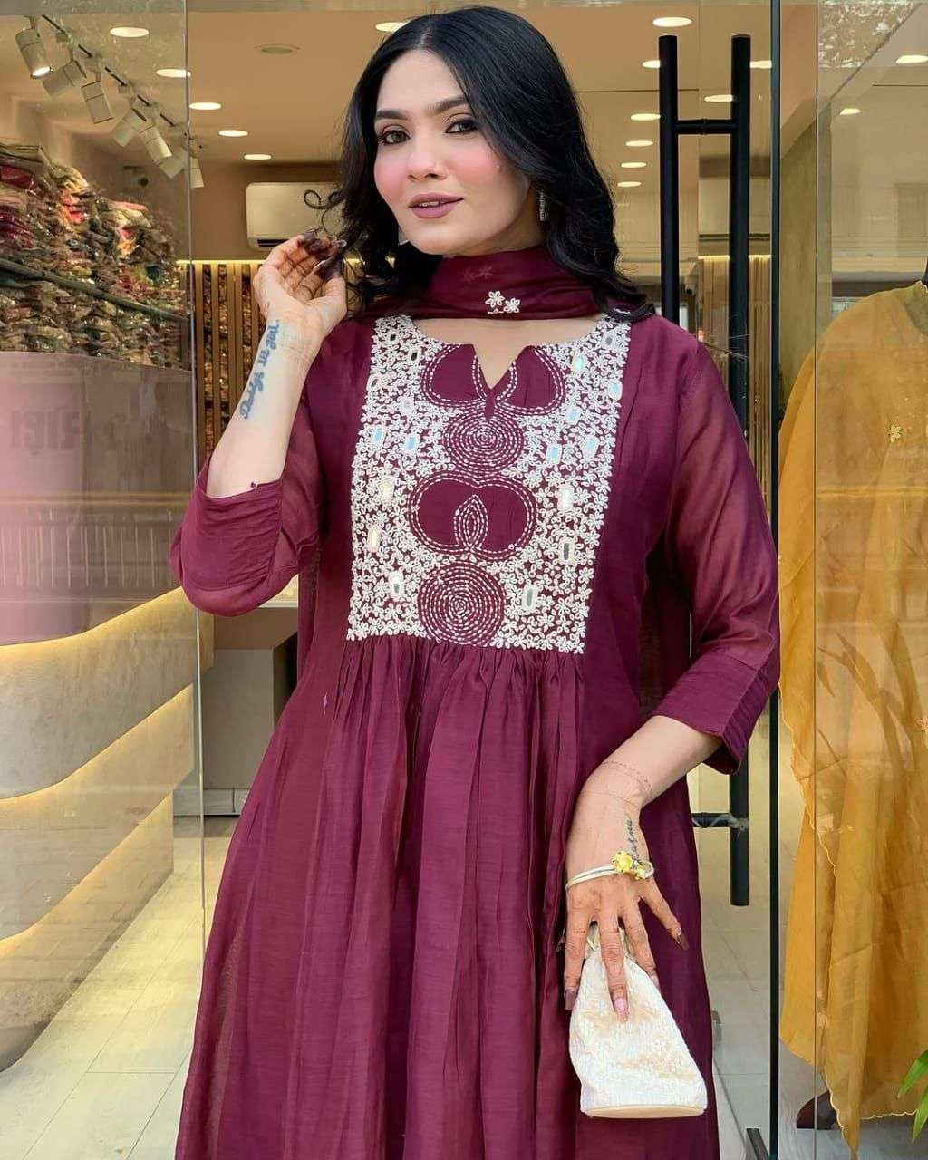 Women's Cotton Printed Anarkali Kurti With Pant and Mulmul Dupatta Set