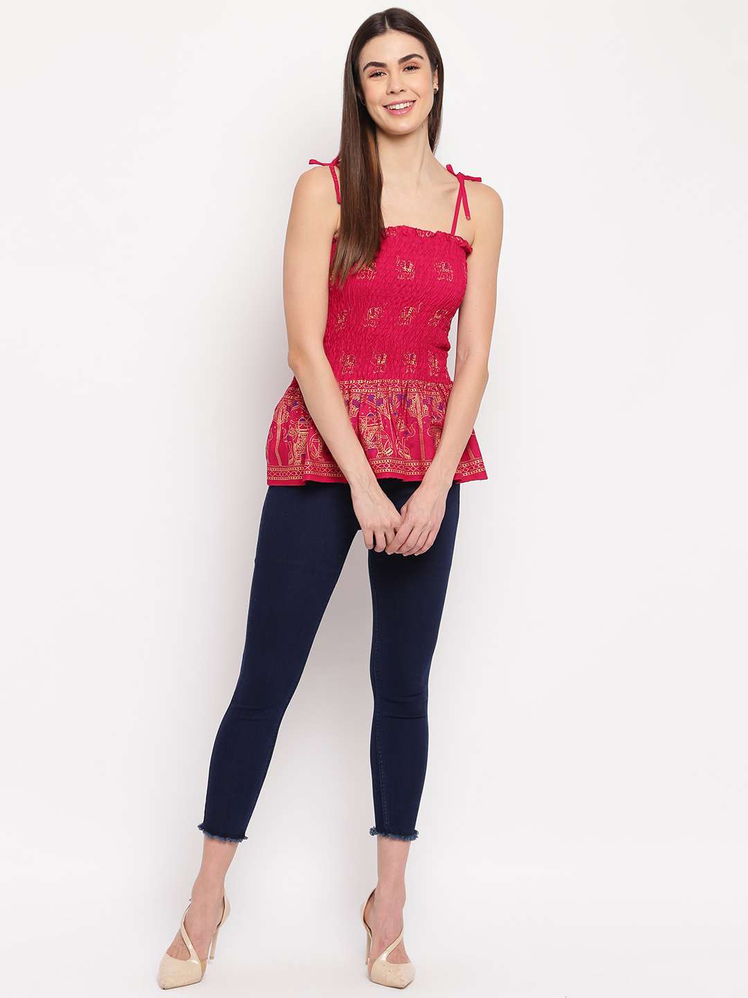 Women's Rayon Elephant Print Casual Summer Style Tie Shoulder Straps Free Size Tank Top ( Maroon Gold Pattern)