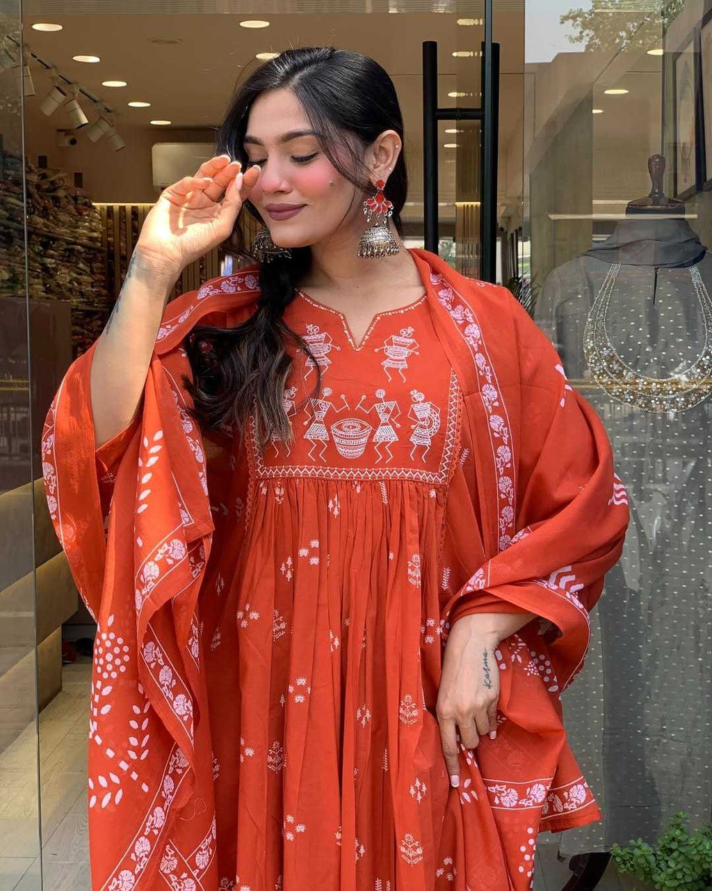 Women's Contton Floral Embroidered Round Neck Regular Kurti Pant Dupatta Set