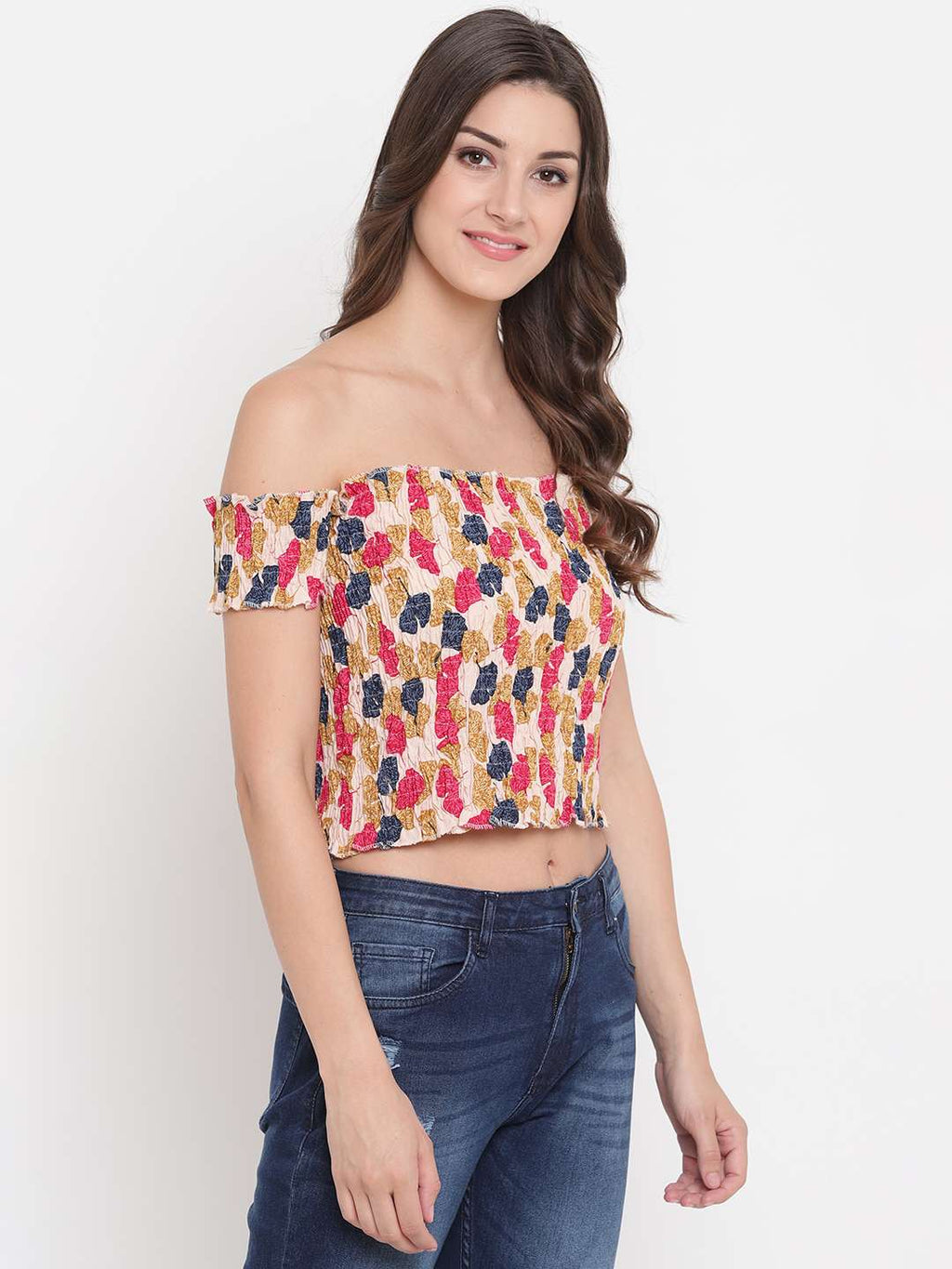 Women's Rayon Printed Off-Shoulder Smocked Crop Top Short Sleeve Casual Styles Tank Top (FREE SIZE) Multi32