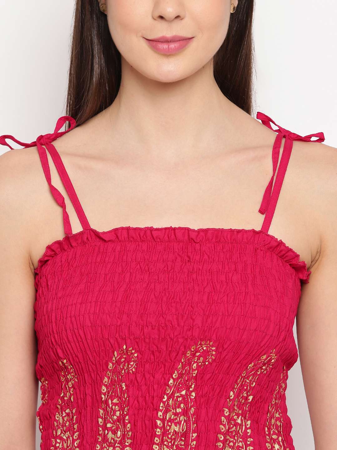 Women's Rayon Printed Casual Summer Style Tie Shoulder Straps Free Size Tank Top ( Maroon Gold Pattern)