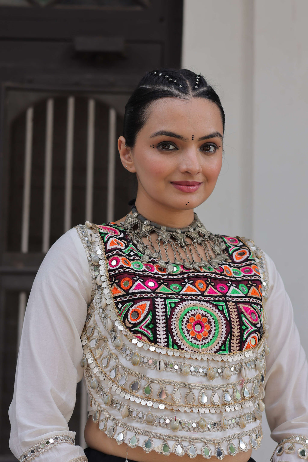 Cotton Printed Navratri Lehenga Choli Set with Gota & Mirror Lace