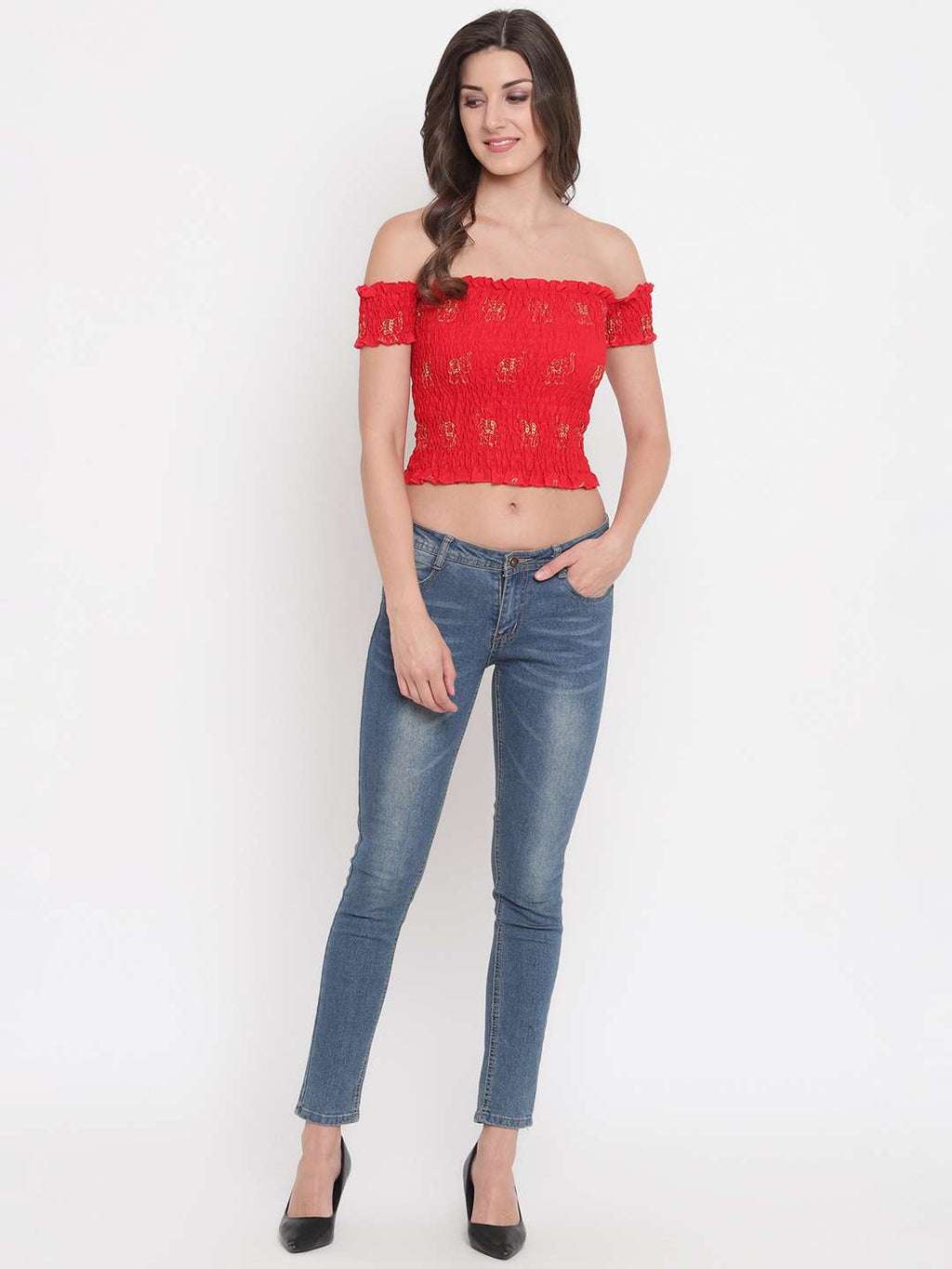 Women's Rayon Printed Off-Shoulder Smocked Crop Top Short Sleeve Casual Styles Tank Top (FREE SIZE) Multi11