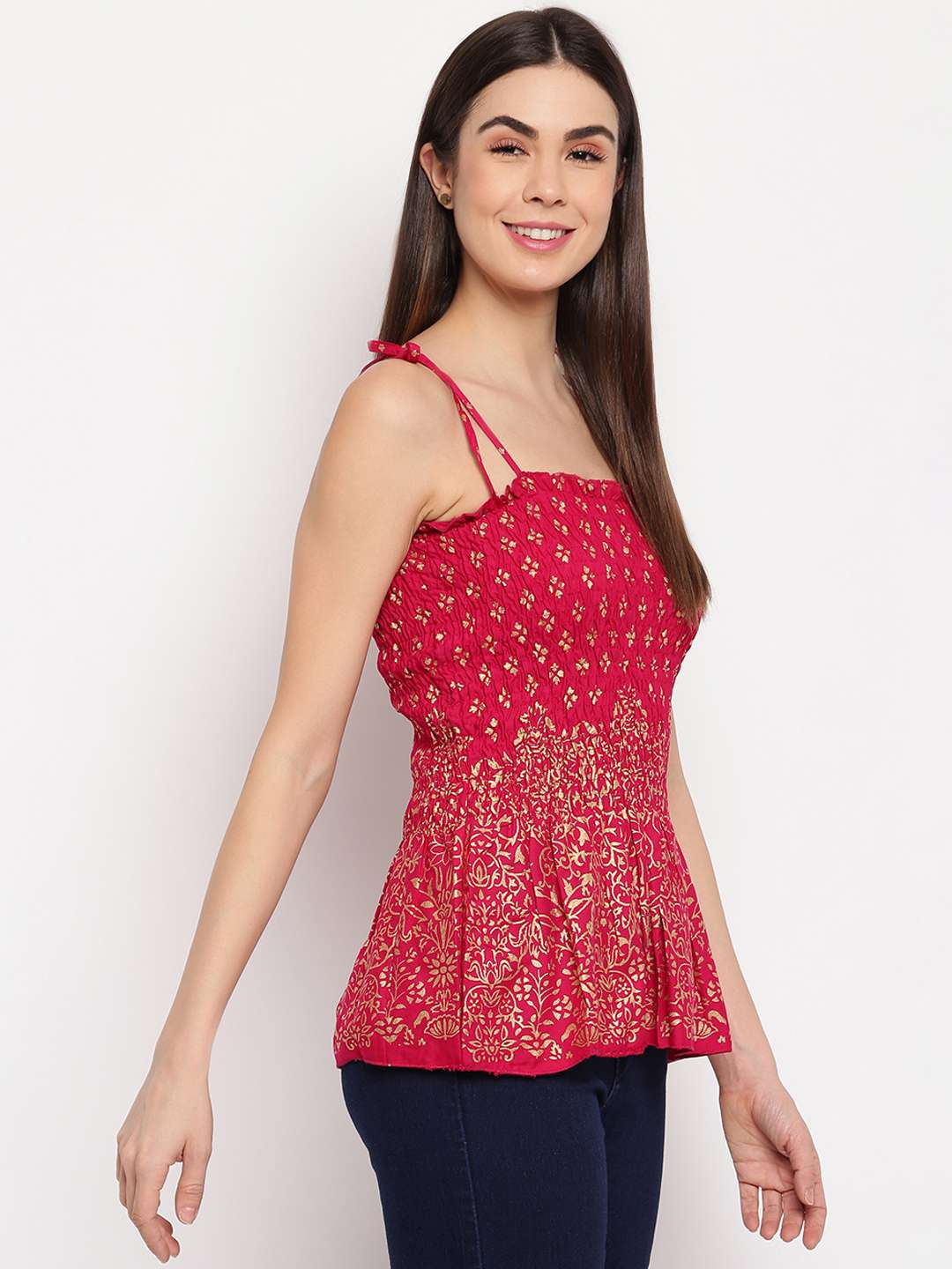 Women's Rayon Floral Printed Casual Summer Style Tie Shoulder Straps Free Size Tank Top ( Maroon Gold Pattern)