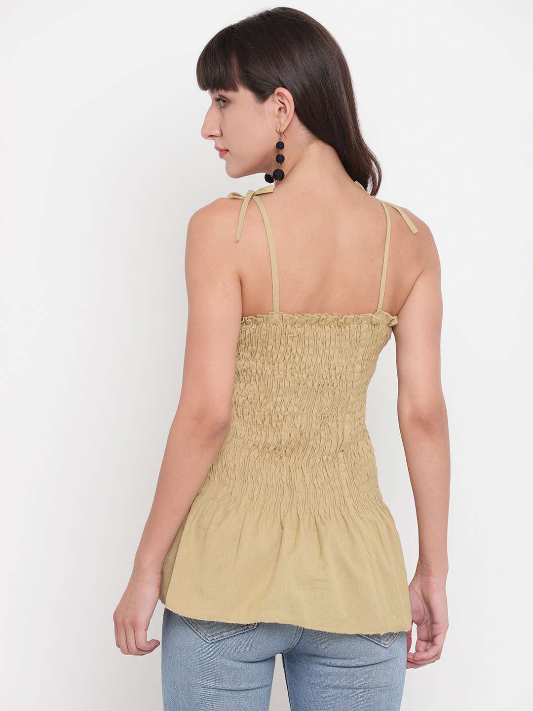 Women's Rayon Solid Casual Summer Style Tie Shoulder Straps Free Size Tank Top (Beige)