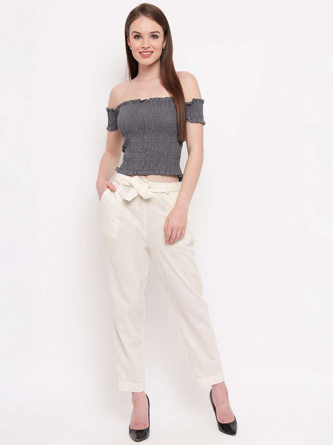 Women's Rayon Solid Off-Shoulder Smocked Crop Top Short Sleeve Casual Styles Tank Top (FREE SIZE) Multi22