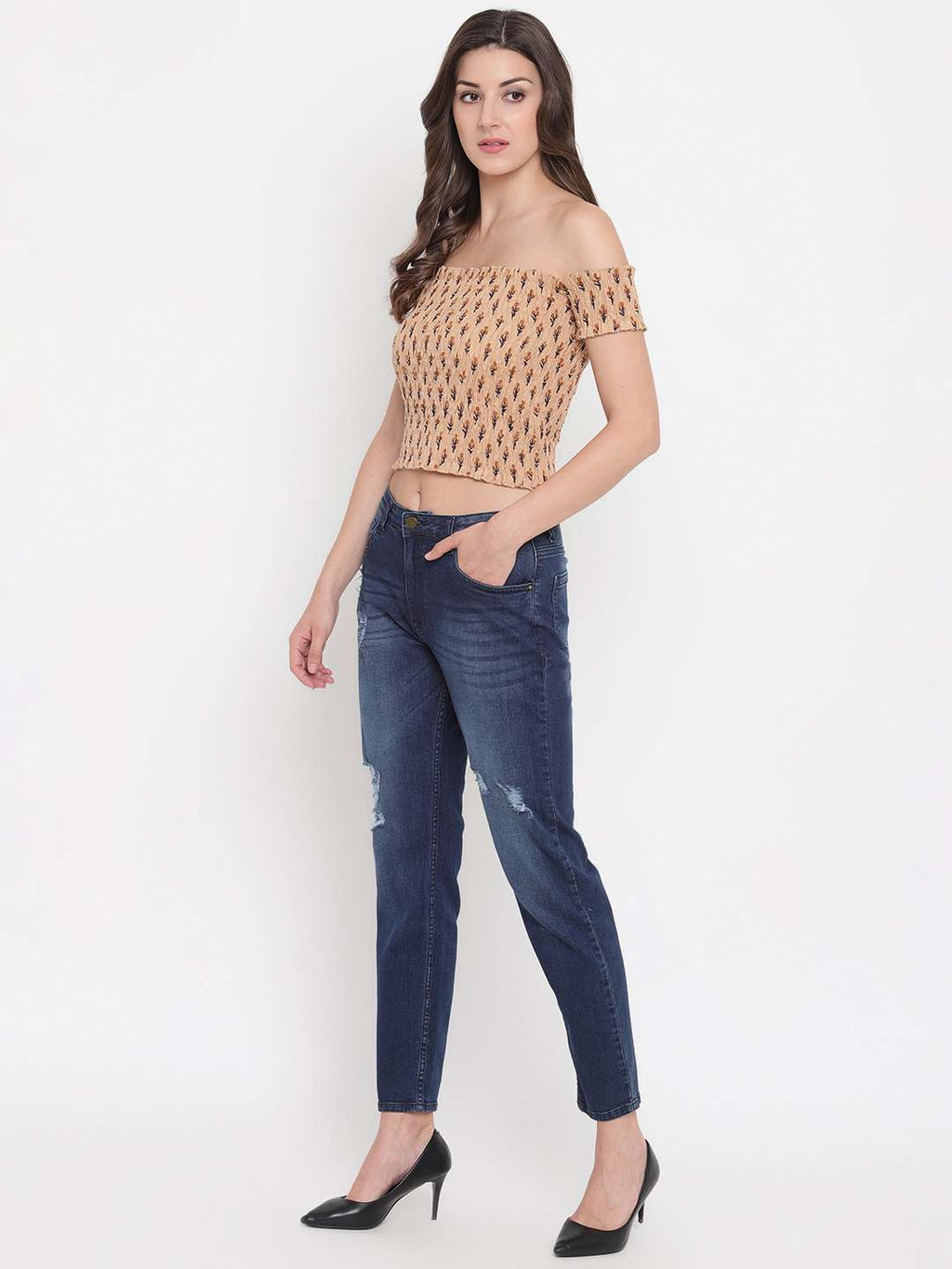 Women's Rayon Printed Off-Shoulder Smocked Crop Top Short Sleeve Casual Styles Tank Top (FREE SIZE) Multi41