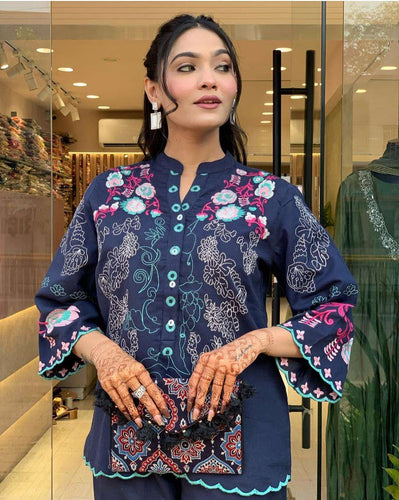 Women's Cotton Embroidery Straight Kurti With Pant Set (Blue-M)