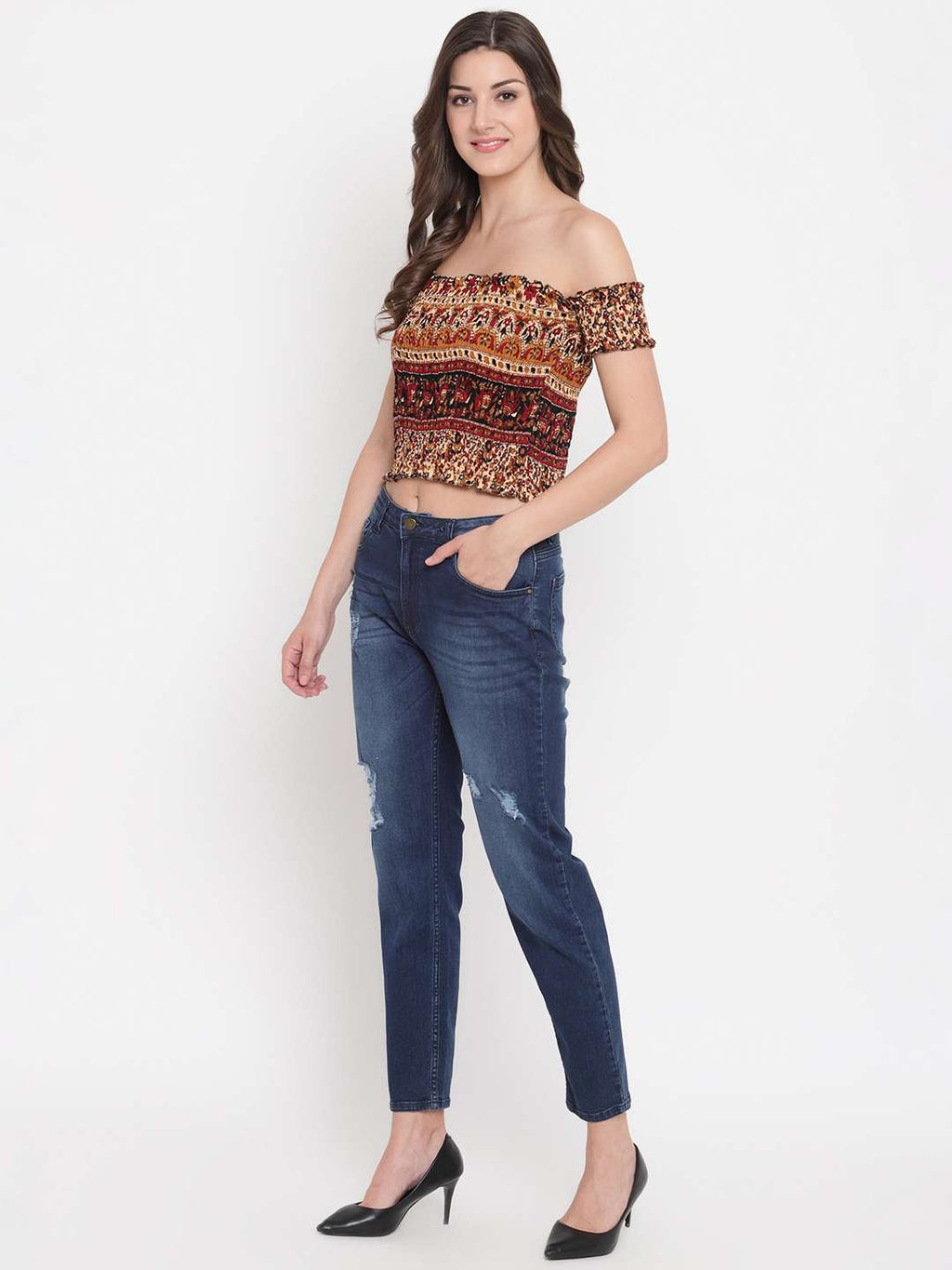 Women's Rayon Printed Off-Shoulder Smocked Crop Top Short Sleeve Casual Styles Tank Top (FREE SIZE) Multi7