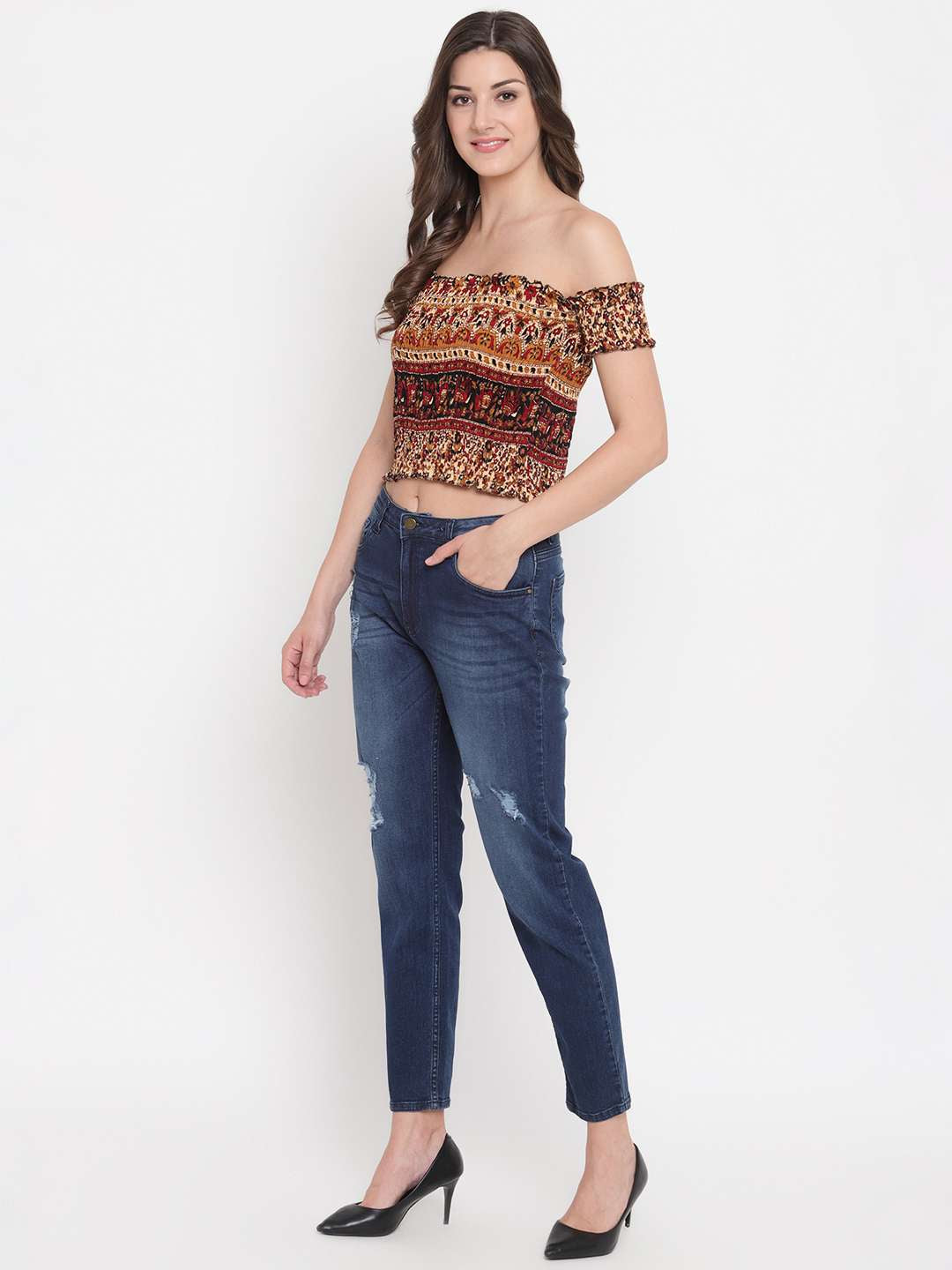 Women's Rayon Printed Off-Shoulder Smocked Crop Top Short Sleeve Casual Styles Tank Top (FREE SIZE) Multi7