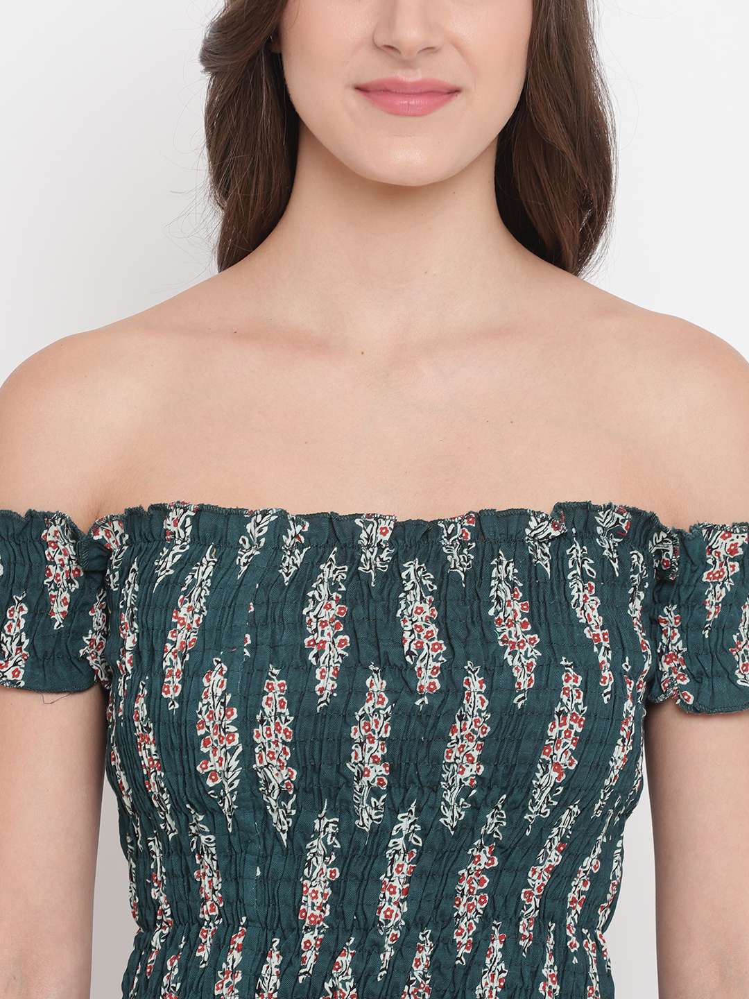 Women's Rayon Printed Off-Shoulder Smocked Crop Top Short Sleeve Casual Styles Tank Top (FREE SIZE) Multi37