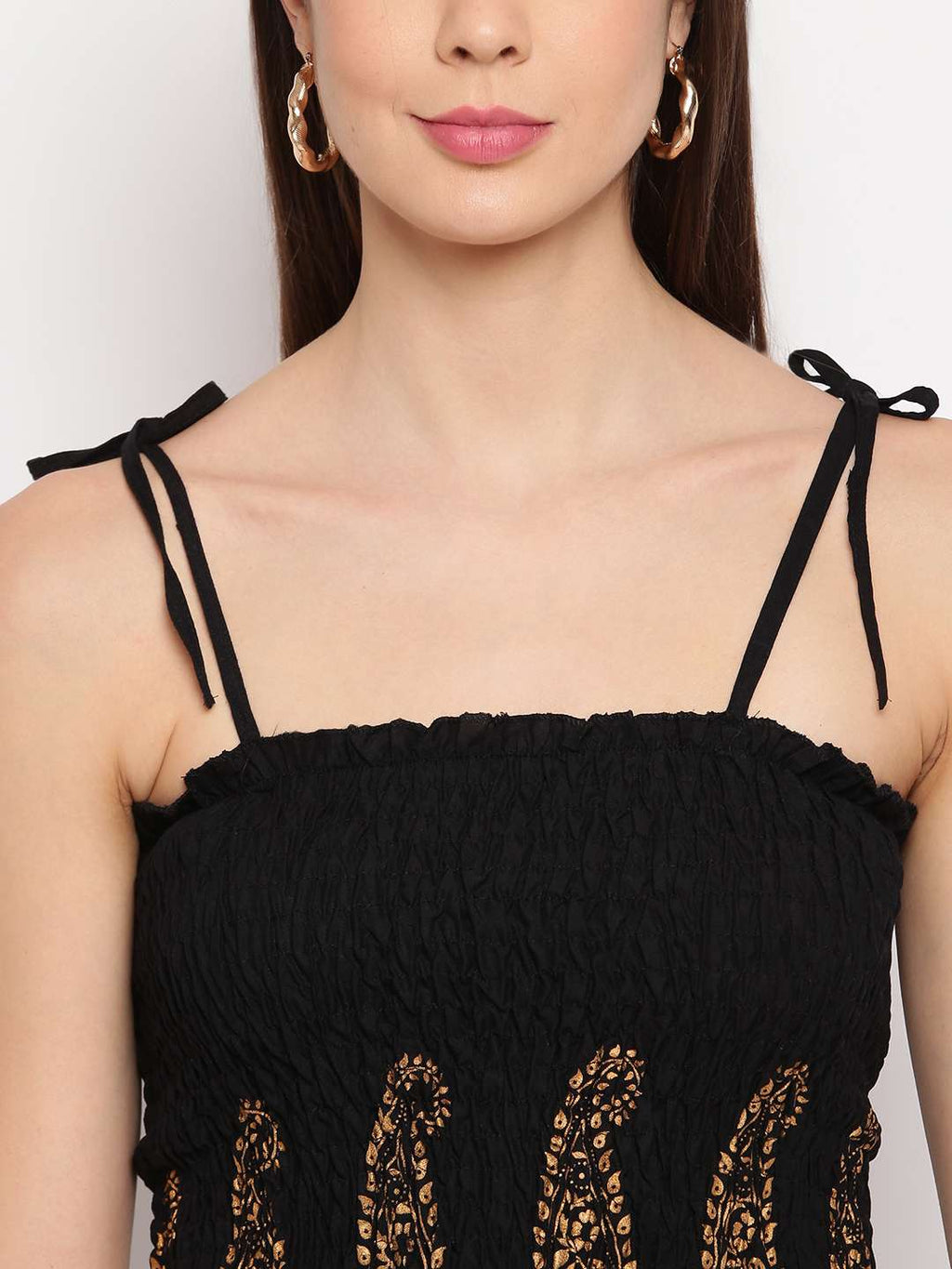 Women's Rayon Buta Printed Casual Summer Style Tie Shoulder Straps Free Size Tank Top ( Black Gold Pattern)