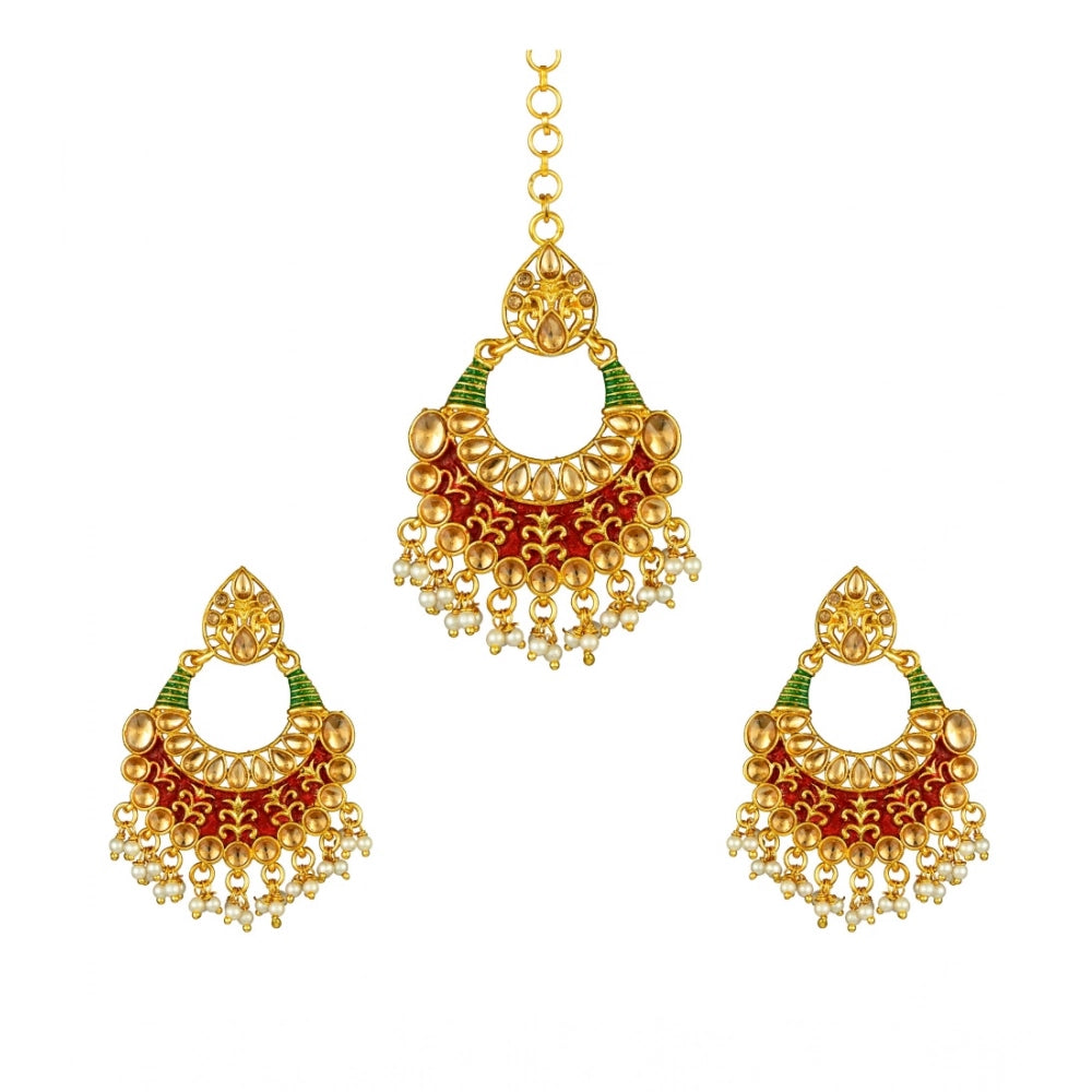 rose gold plated alloy kundan earrings &amp; mangtikka