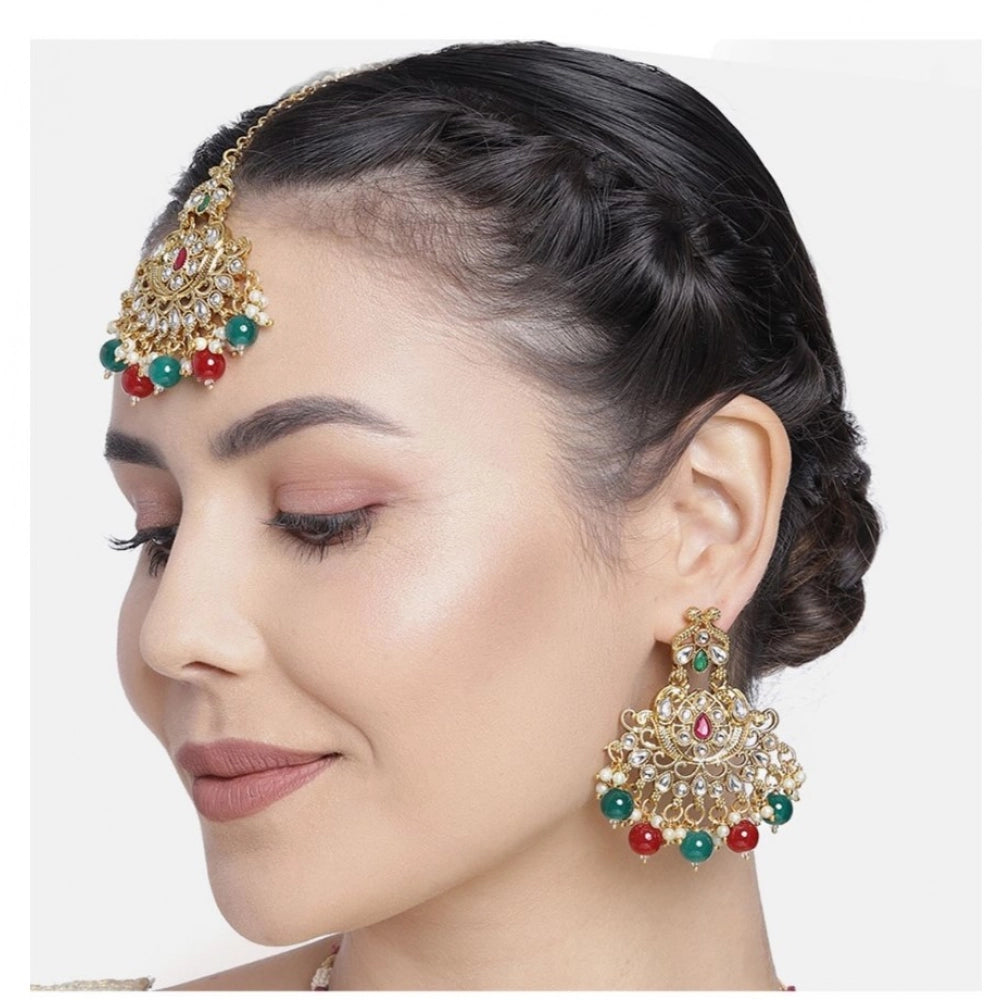 rose gold plated alloy kundan earrings &amp; mangtikka