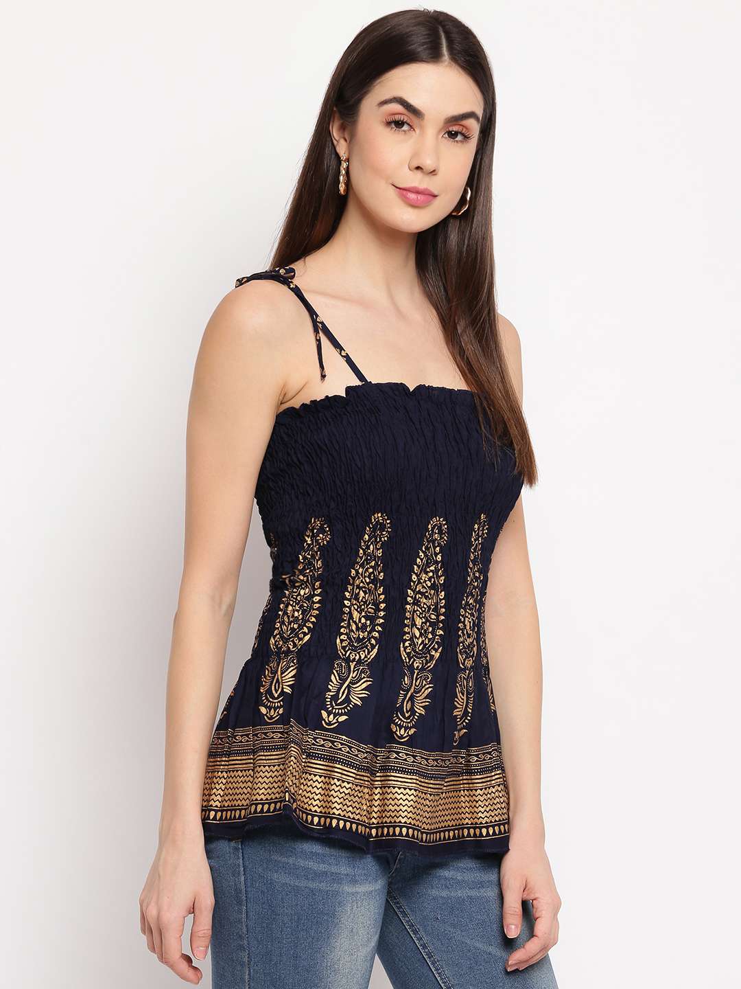 Women's Rayon Buta Printed Casual Summer Style Tie Shoulder Straps Free Size Tank Top ( Navy Blue Gold Pattern)