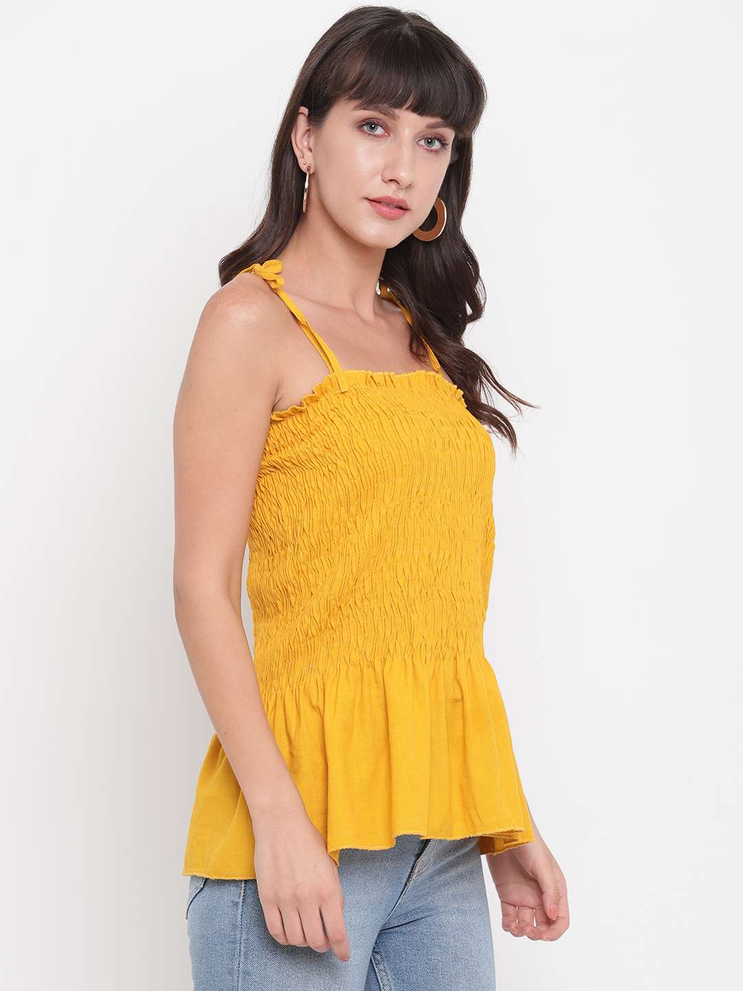 Women's Rayon Solid Casual Summer Style Tie Shoulder Straps Free Size Tank Top (Musterd)