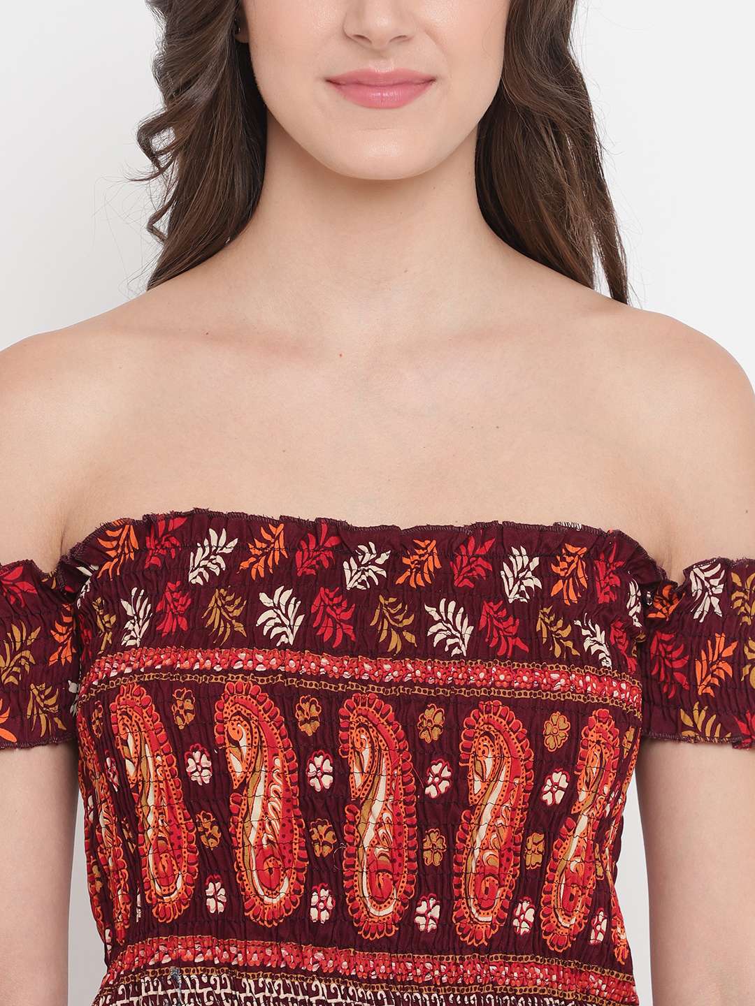 Women's Rayon Printed Off-Shoulder Smocked Crop Top Short Sleeve Casual Styles Tank Top (FREE SIZE) Multi2