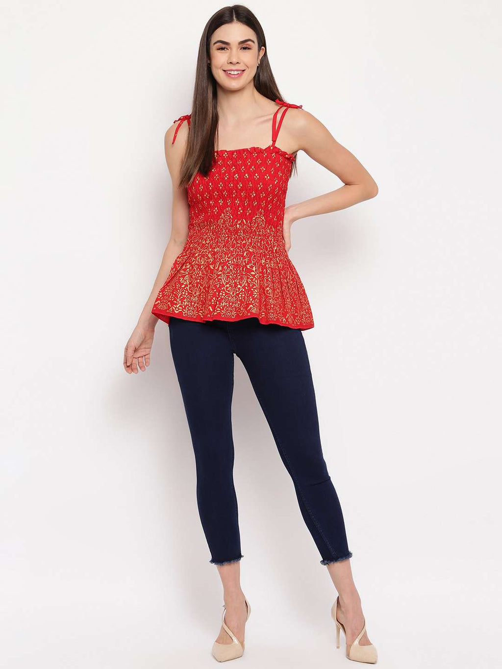 Women's Rayon Floral Printed Casual Summer Style Tie Shoulder Straps Free Size Tank Top ( Red Gold Pattern)