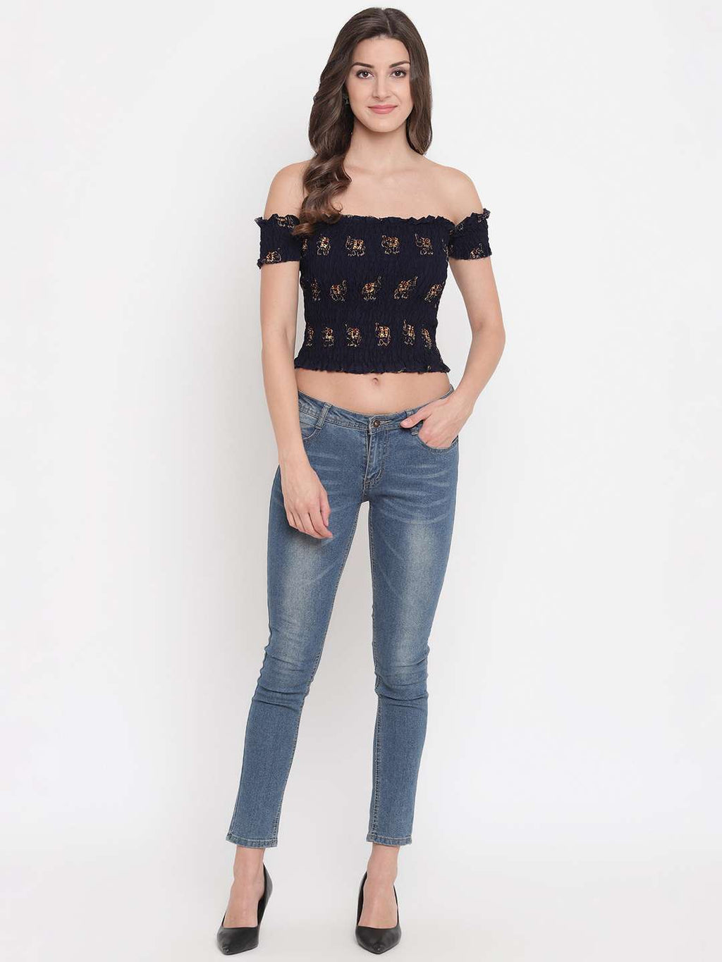 Women's Rayon Printed Off-Shoulder Smocked Crop Top Short Sleeve Casual Styles Tank Top (FREE SIZE) Multi10