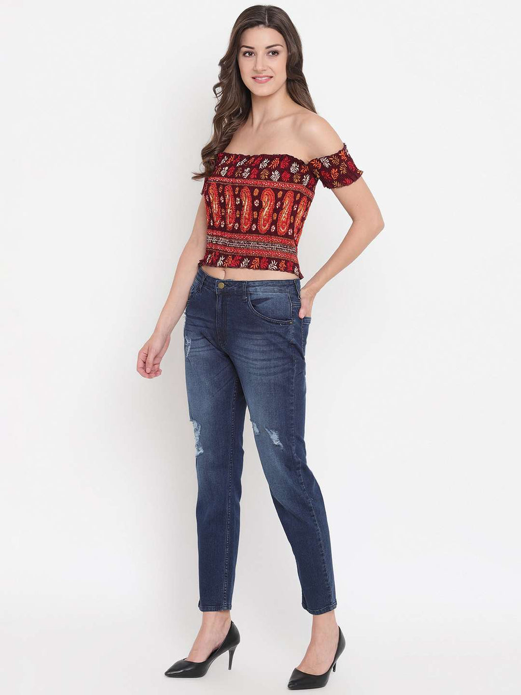 Women's Rayon Printed Off-Shoulder Smocked Crop Top Short Sleeve Casual Styles Tank Top (FREE SIZE) Multi2