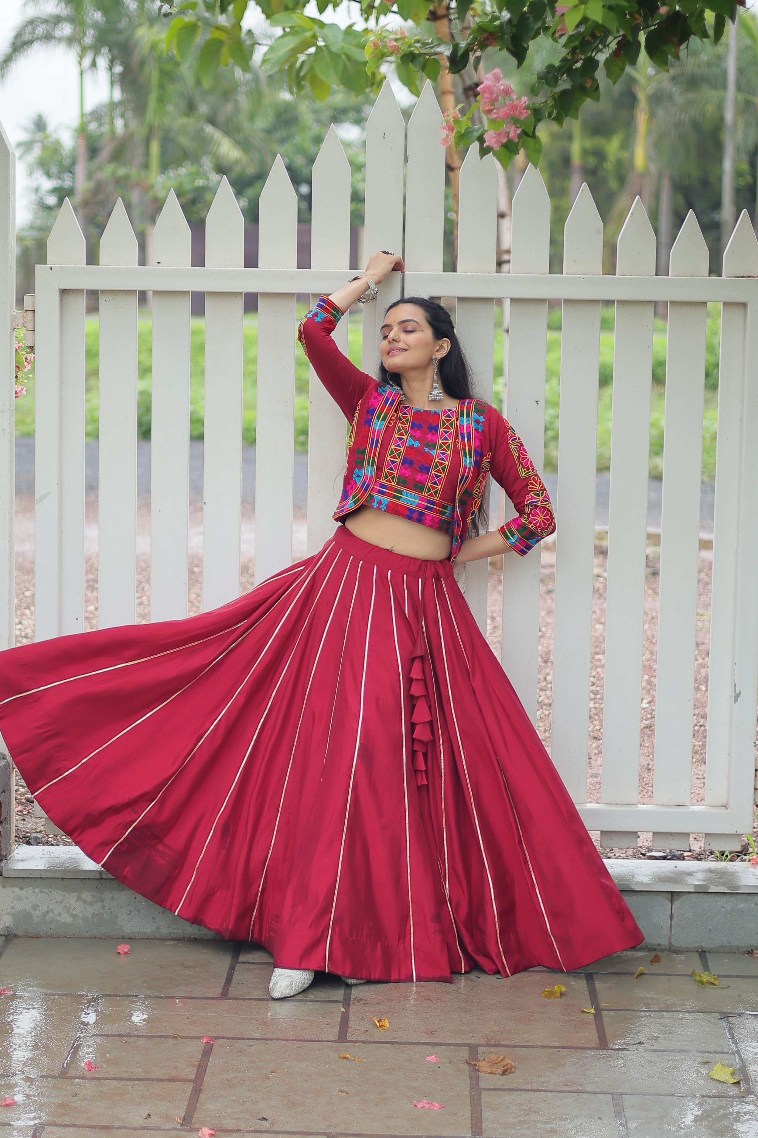 Vibrant Roman Fabric Navratri Lehenga Choli Set with Koti Blouse