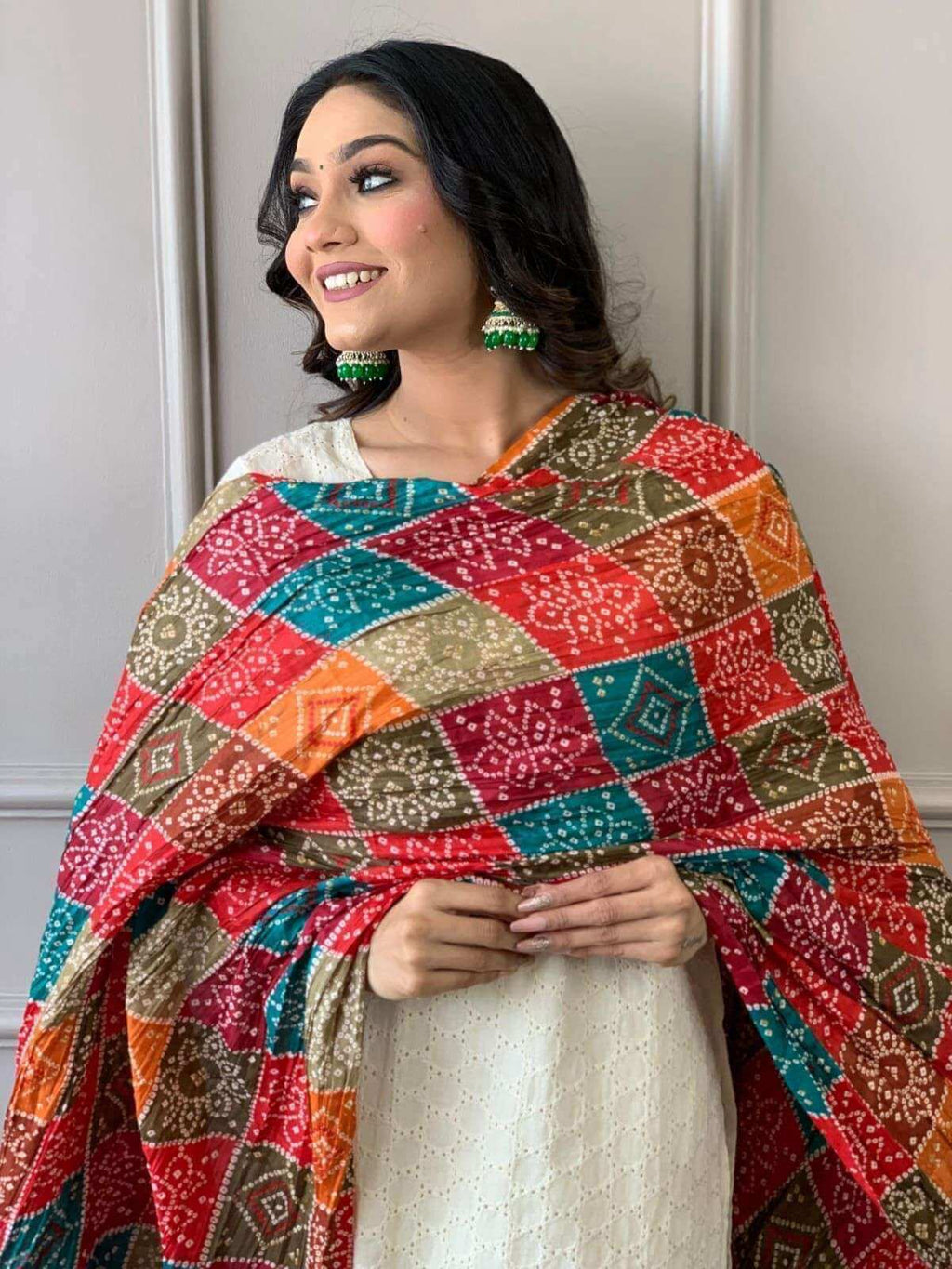 Women's Cotton Chikankari Print Straight Kurti with Pant andMulmul Dupatta Set