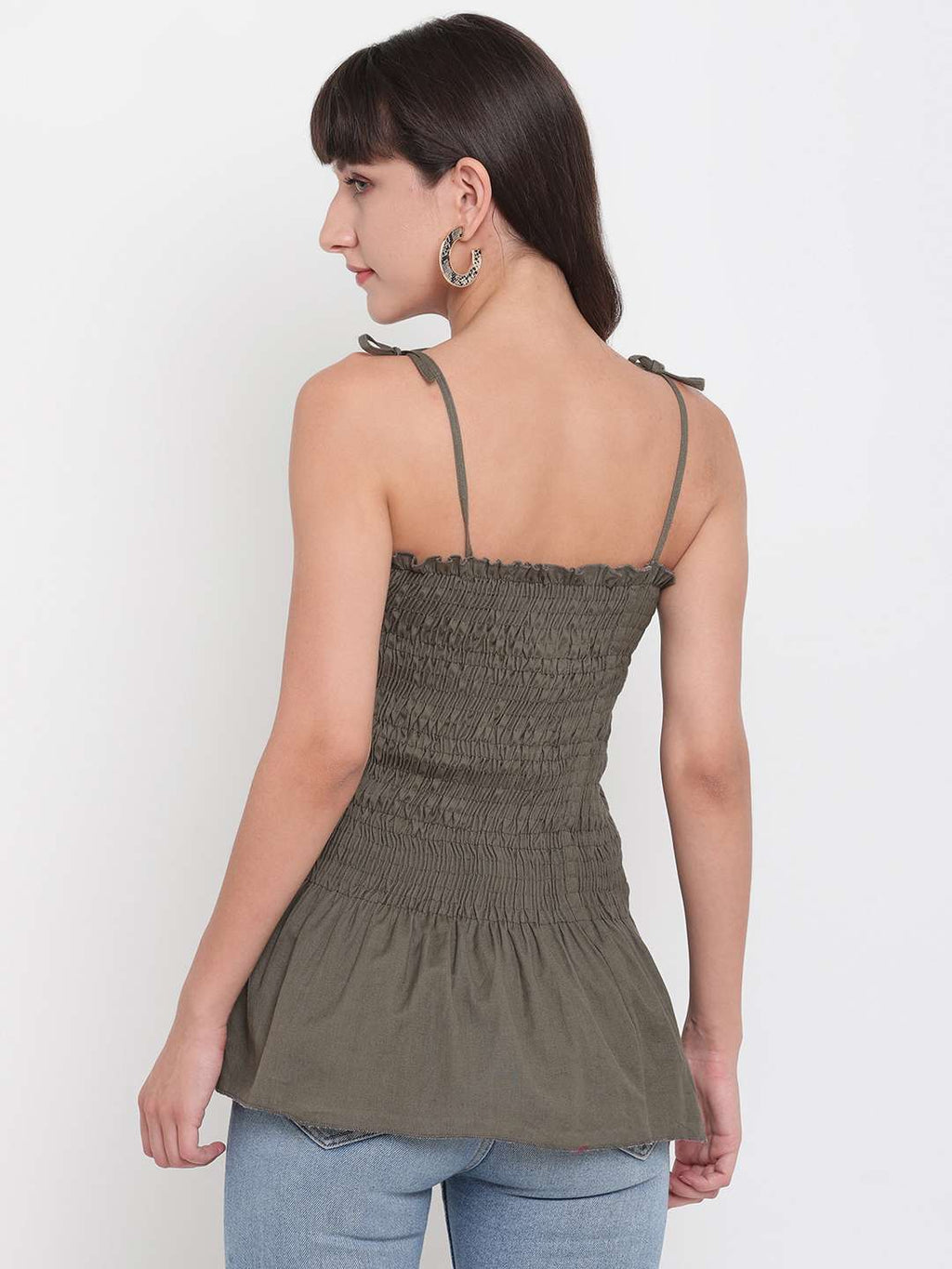 Women's Rayon Solid Casual Summer Style Tie Shoulder Straps Free Size Tank Top (Mahndi)