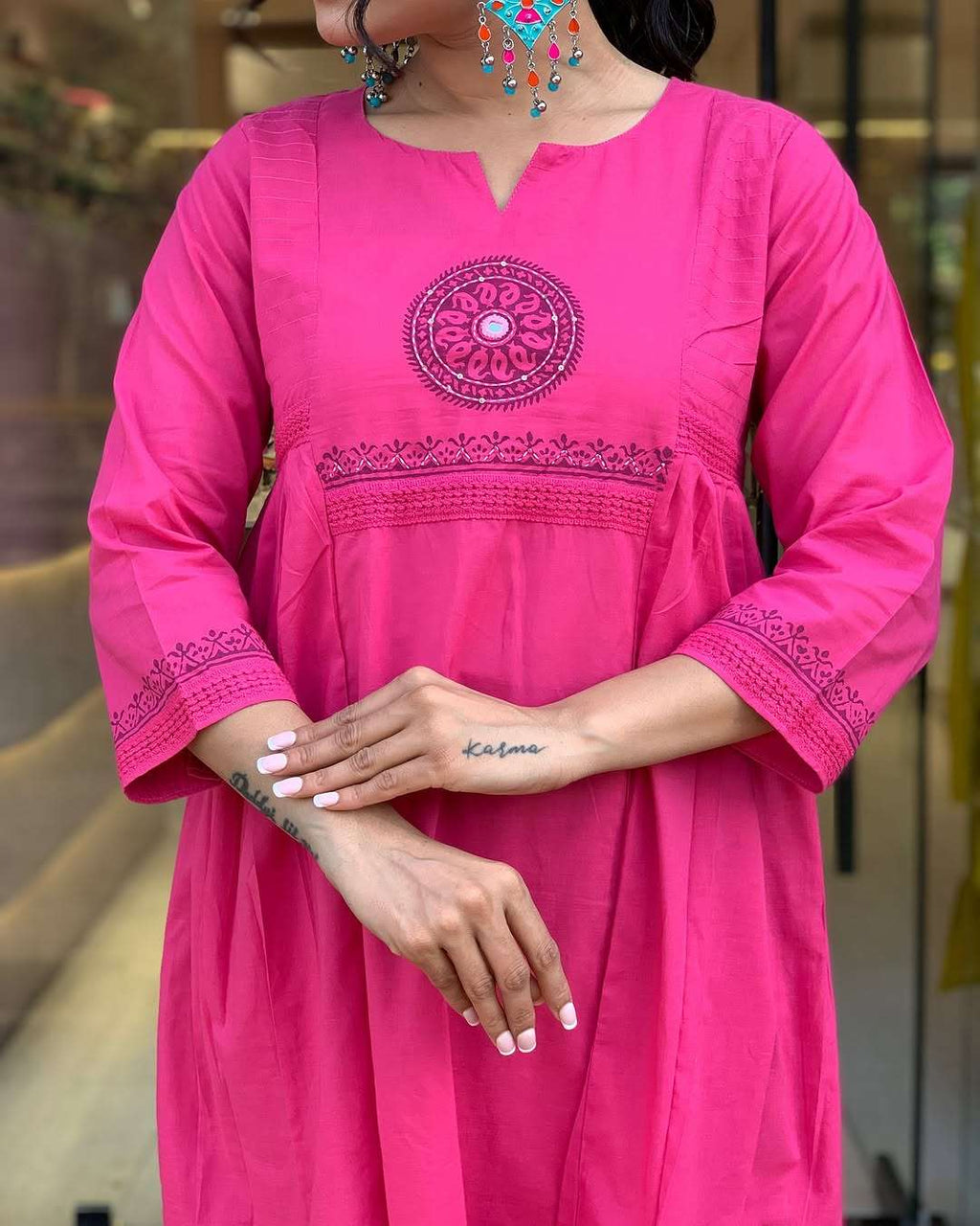 Women's Cotton Embroidery Handblock Floral Kurti Pant With Dupatta Set