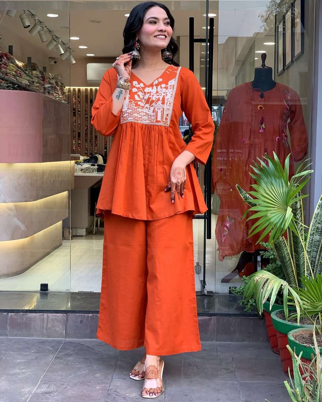 Women's Cotton Embroidered Flared Kurta With Pant Set