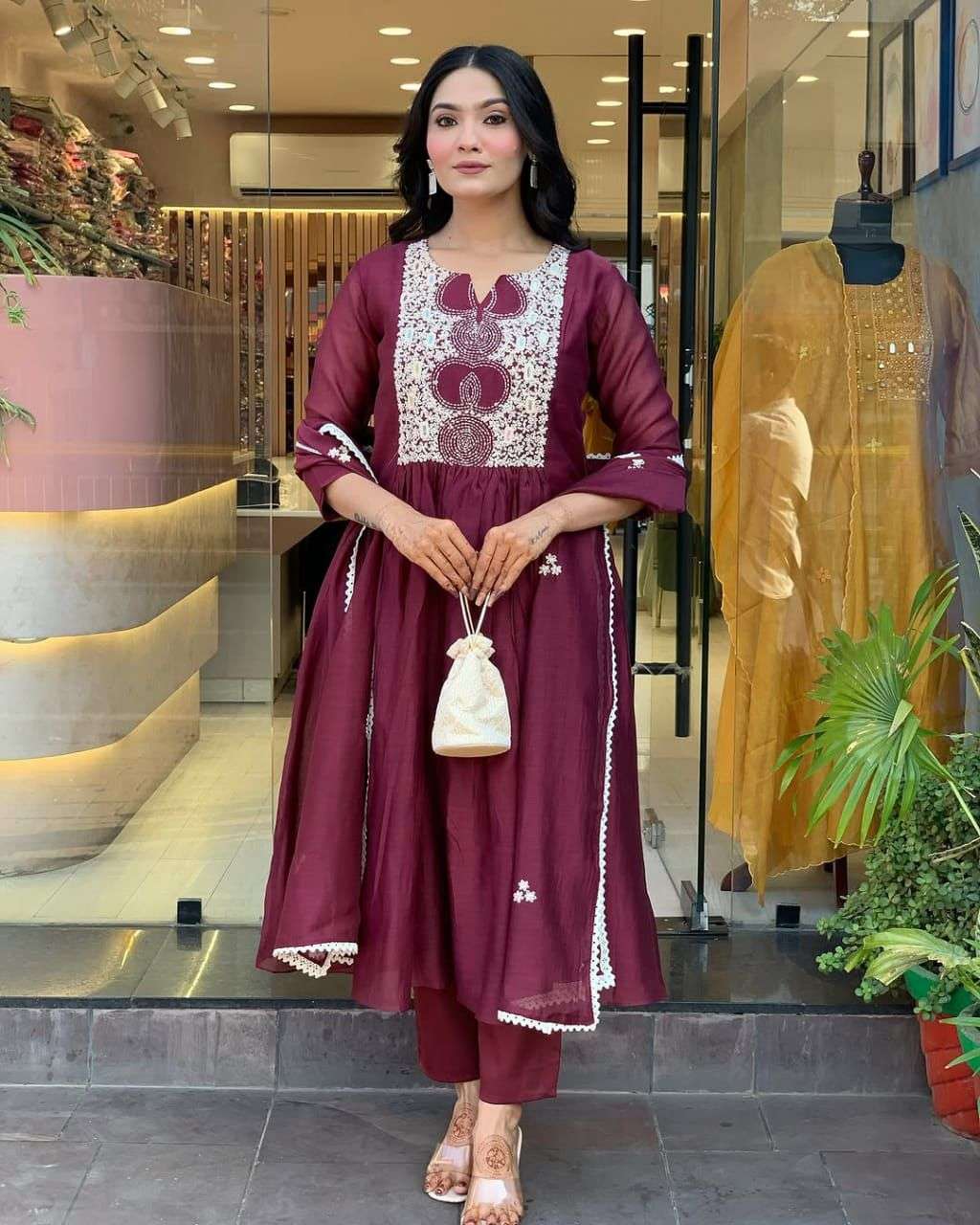 Women's Cotton Printed Anarkali Kurti With Pant and Mulmul Dupatta Set