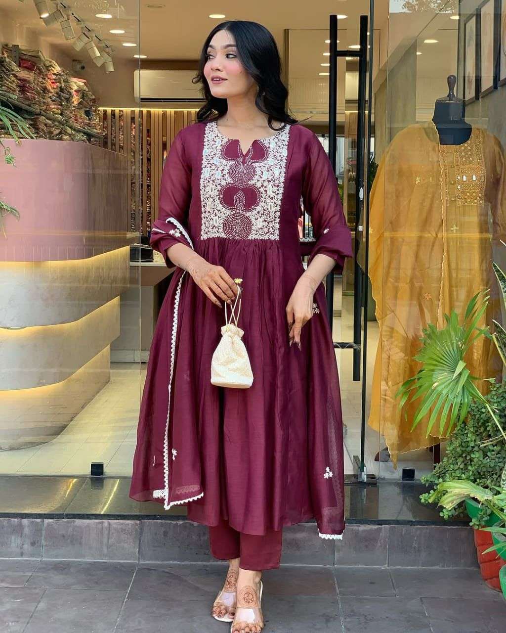 Women's Cotton Printed Anarkali Kurti With Pant and Mulmul Dupatta Set